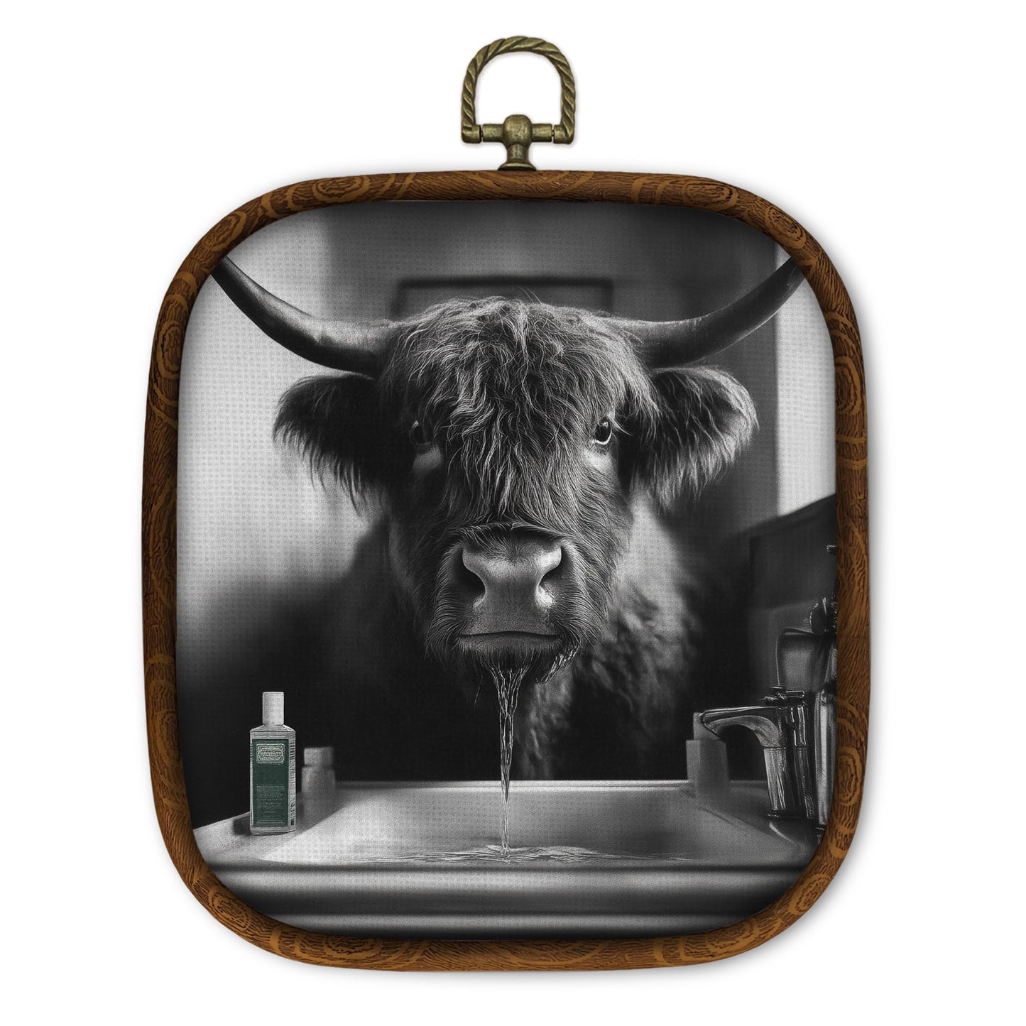 WULQYING Funny Highland Cow Bathroom Wall Art Decor, Highland Cow Framed Canvas Art Prints, Black and White Farmhouse Farm Animal Wall Hanging Decor for Home Bathroom Washroom Restroom, 5.7x6.5 Inches