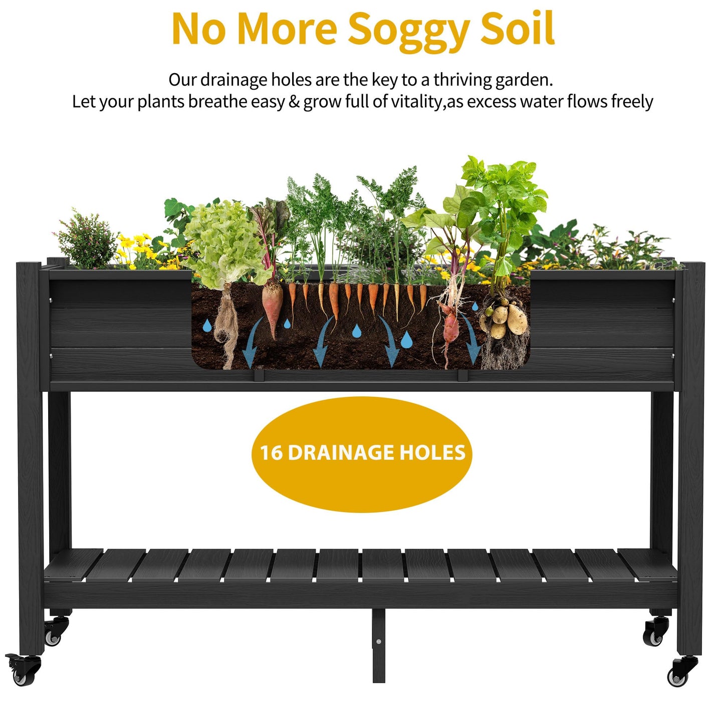 DWVO Raised Garden Bed HDPE with Wheels & Legs, 47x18x31in Weather-Resistant Poly-Wood Elevated Planter Box Outdoor, Double Tier Planters for Patio Balcony Backyard, Black