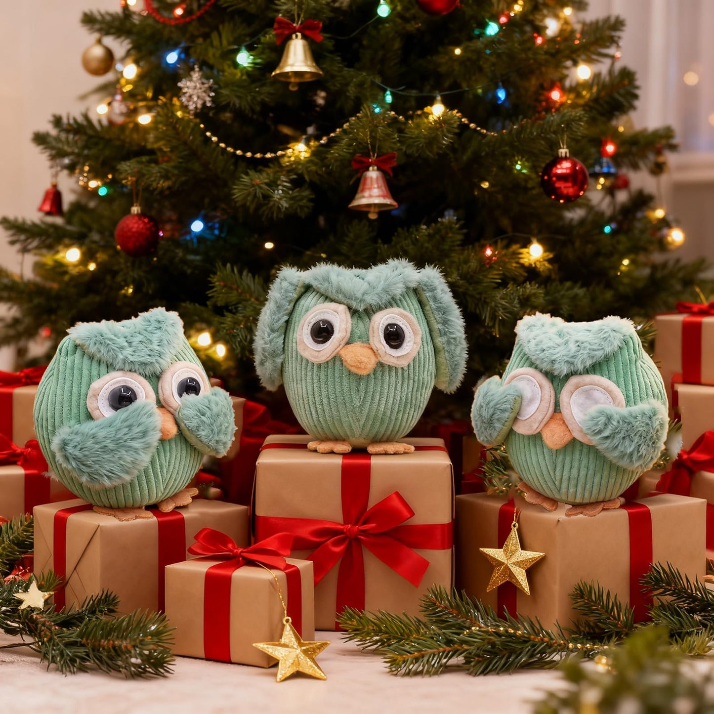 Etistta 3PCS Owl Plush for Home Decor 5 inch, See No Evil Hear No Evil Speak No Evil Owl Gifts for Women Bedroom Bird Christmas Decoration (Green)