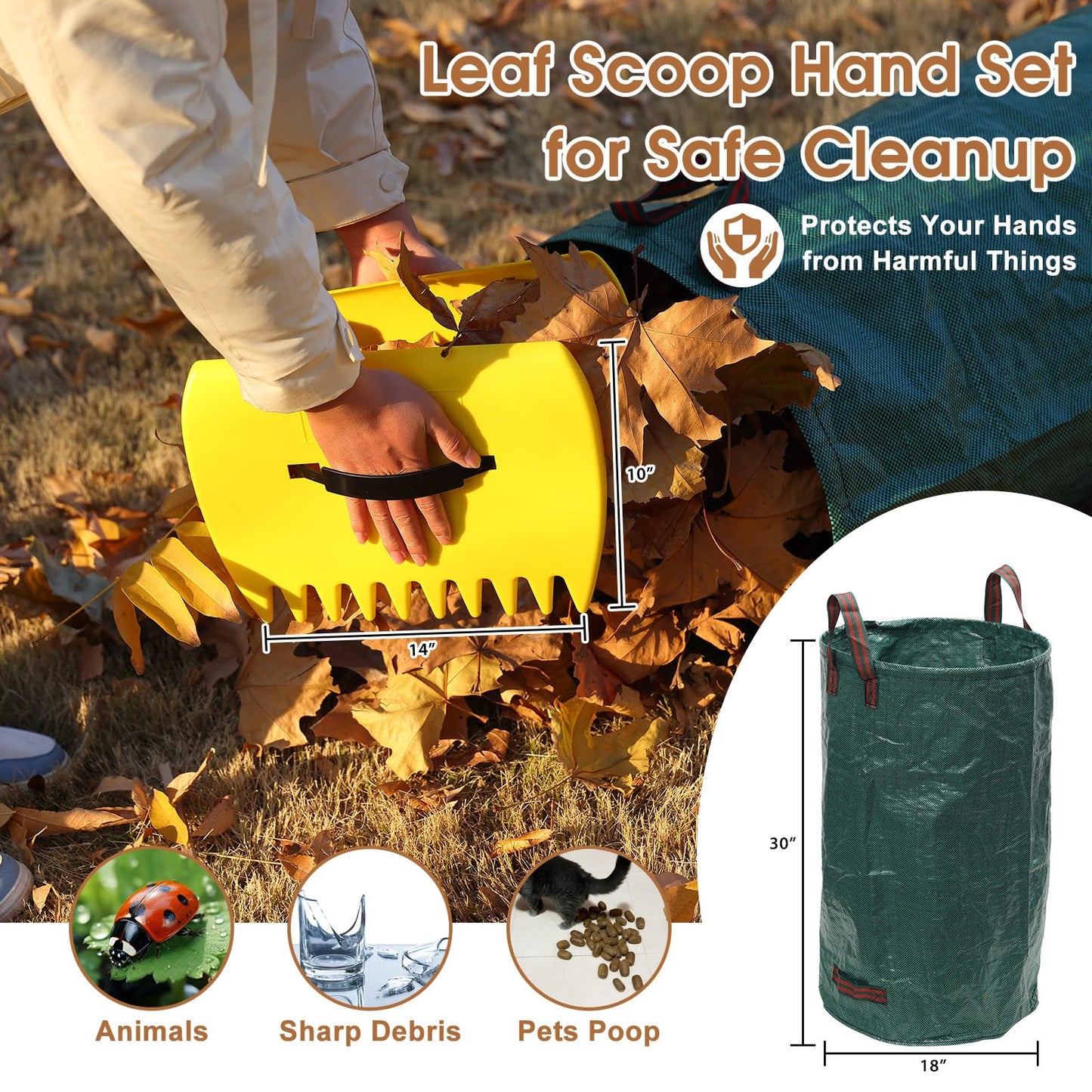 Leaf Rake 18” Wide Heavy Duty Metal 25 Tines Garden Rake Set with 30-75” Adjustable Long Handle for Yard Grass Shrub Mulch Including 32Gallon Garden Bag Leaf Scoops