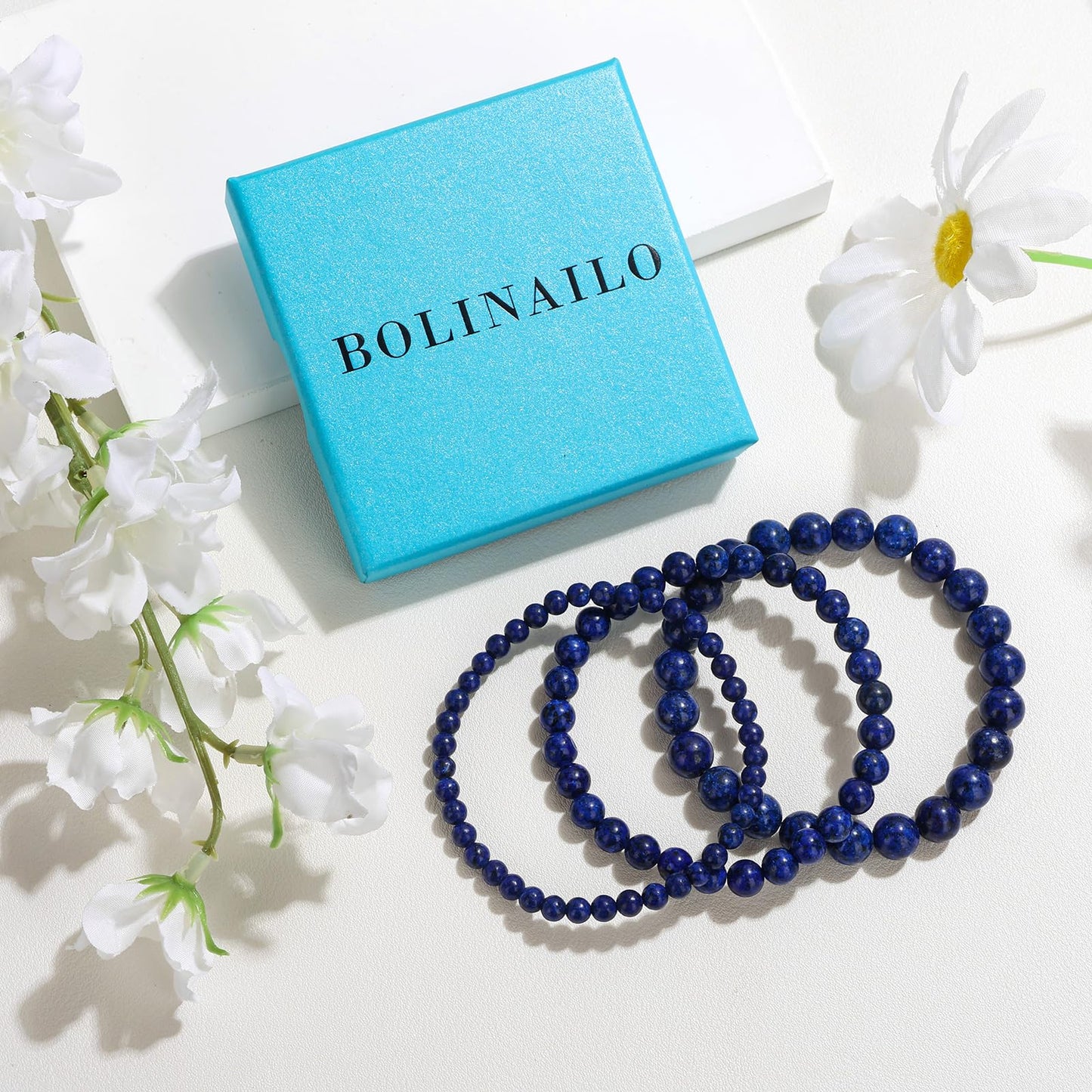 Bolinailo 3Pcs Natural Healing Crystal Bracelets for Women Men, 4mm 6mm 8mm Beaded Stretch Bracelet Set, Lapis Lazuli Natural Stone Gemstone Jewelry Gifts for Meditation, Reiki & Yoga