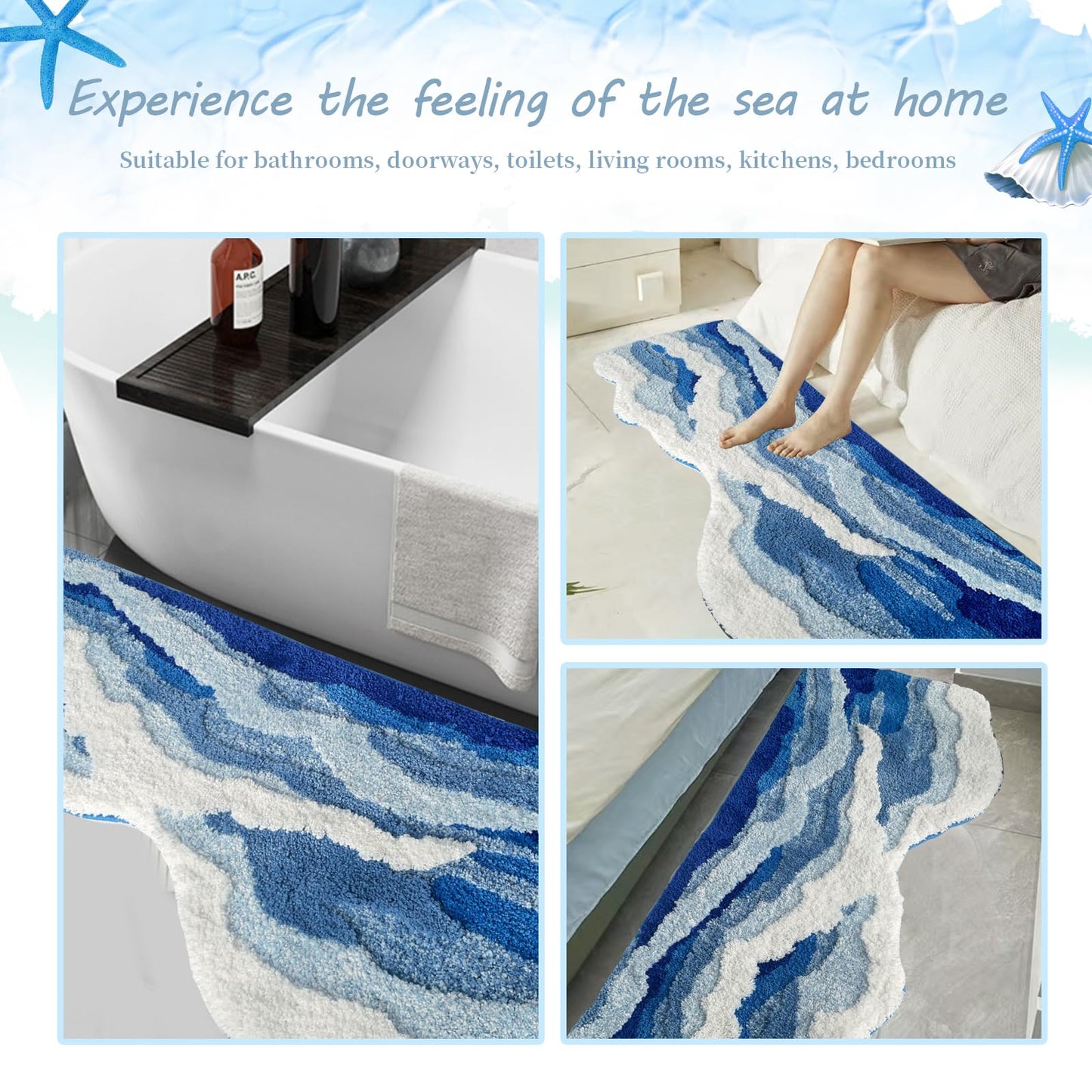 SiliPacks Blue Cute Coastal Beach Themed Bath MatsOcean Wave Tufted Bathroom Rugs, Cute Coastal Beach Themed Bath Mats, Non-Slip Washable Bath Rugs for Bathroom Bedroom Kitchen Decor(20" x47.2")