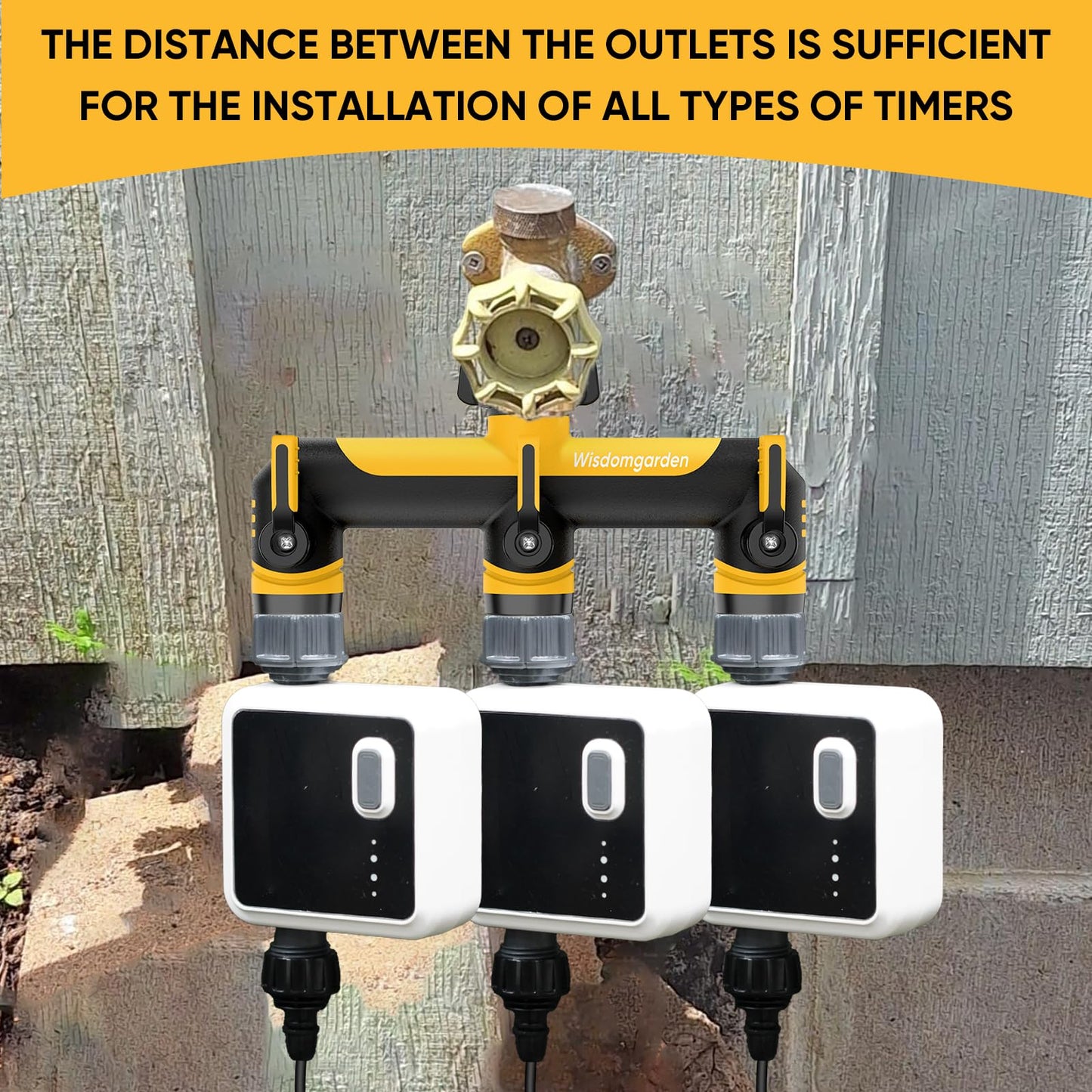 3/4-Inch Garden Hose Splitter, Outdoor Faucet Adapter, Patio Hydrant Manifold - Designed for Multiple Irrigation System Sprinkler Timers, 3-Way Hose Bib Valve-Yellow