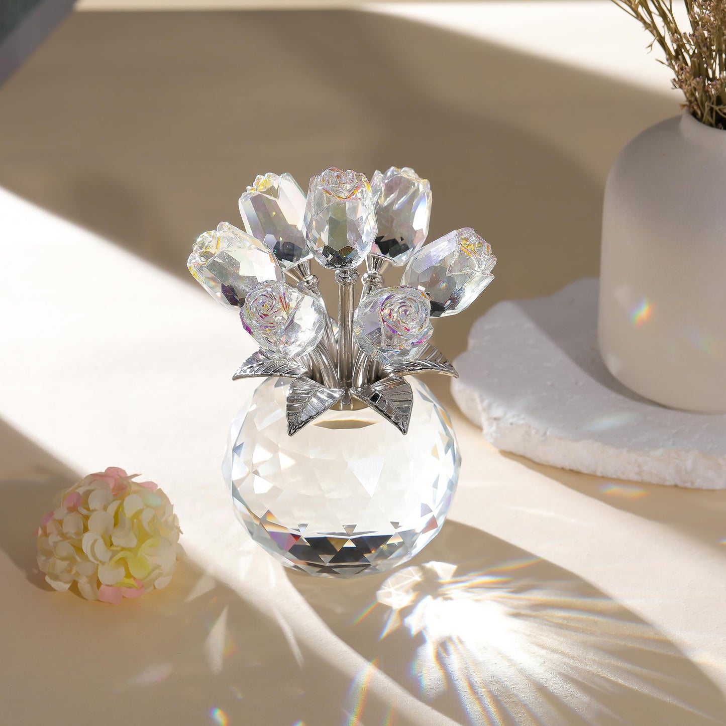 Clear Rose Flower Crystal Figurine with Vase, Bouquet Flowers Ornament Gifts for Wife Girlfriend Women, Handmade Crystal Flower Collectible Home Table Decor for Valentines Day Wedding Anniversary
