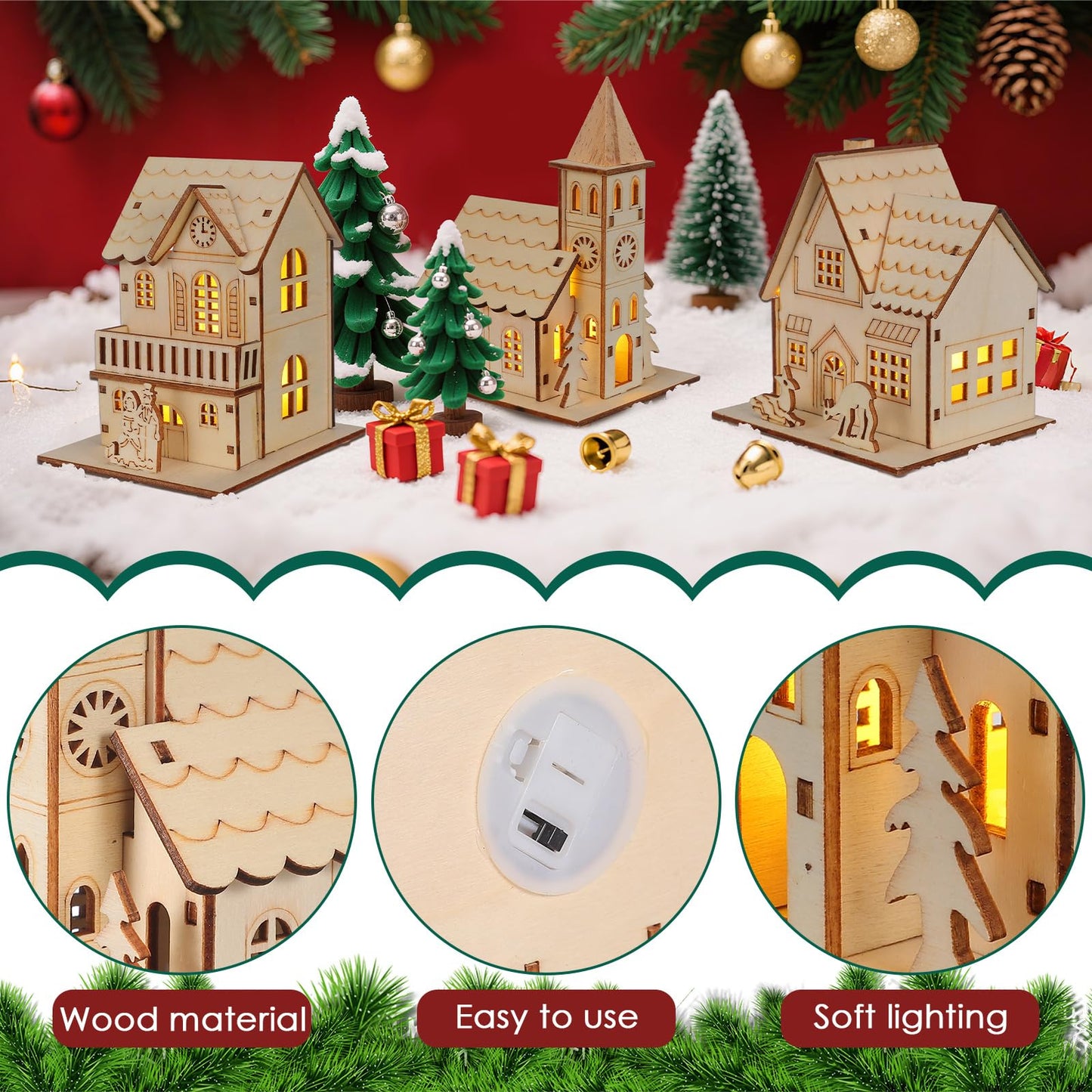 3 Pcs Christmas Village Houses: Led Light Wooden House with Battery, Unfinished Rustic Holiday Village Decor - Perfect for Christmas Table Centerpieces, Xmas Party Decorations,DIY Crafts