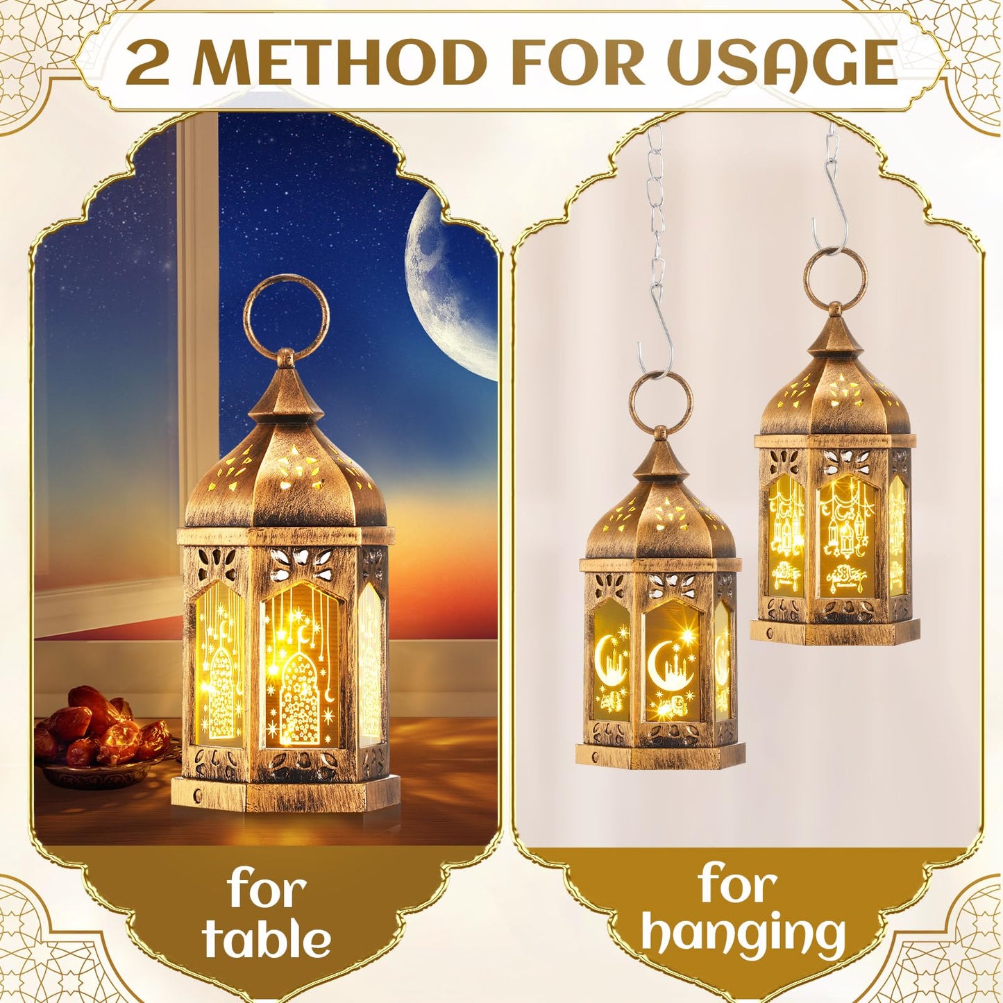 Retisee 4 Pcs 7" Ramadan Large Eid Mubarak Lantern Moon Star Hanging LED Lantern for Home Patio Table Wedding Centerpiece Festival Decoration (4 Styles,Bronze Gold)