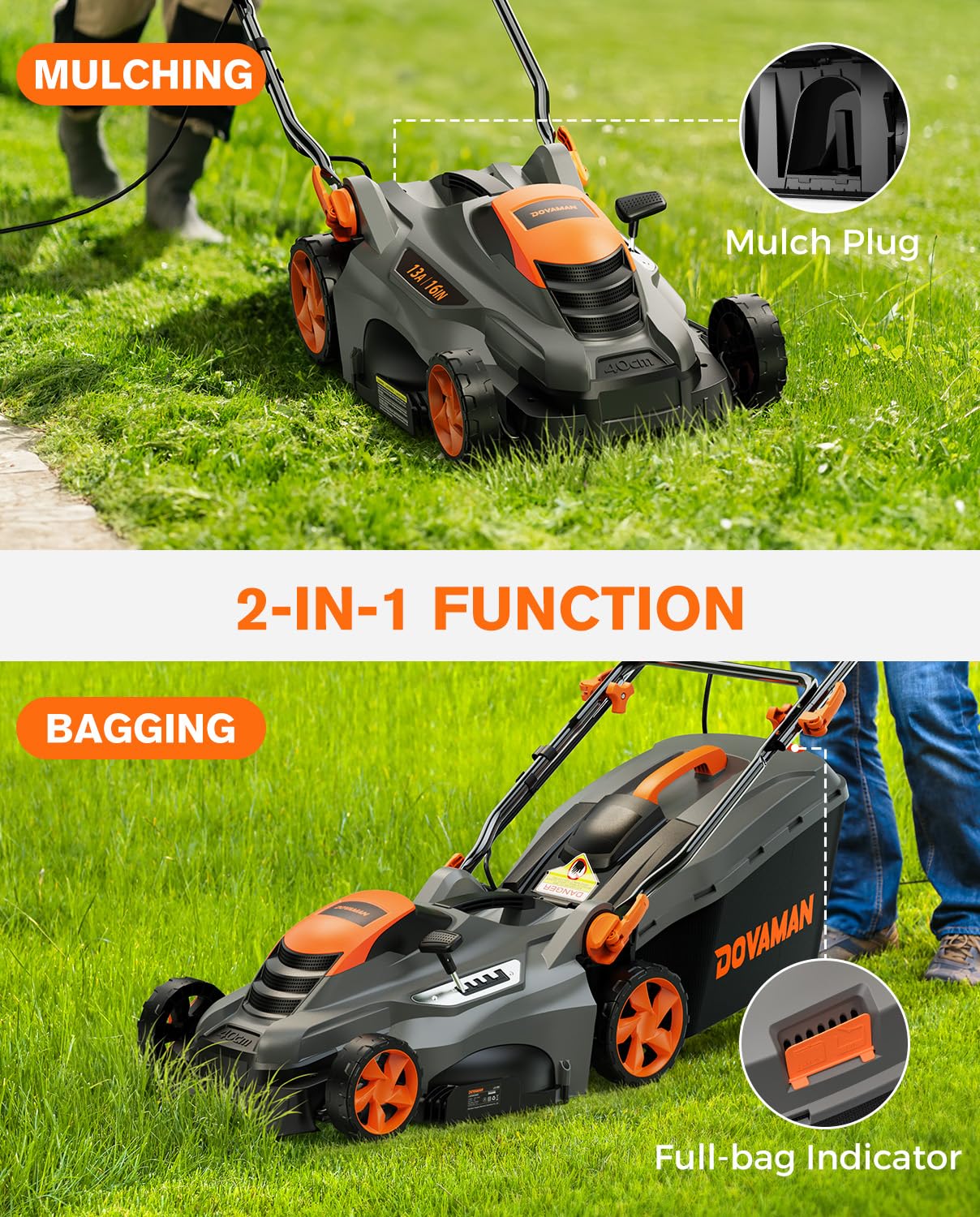 DOVAMAN 13Amp LA16M Lawn Mower, 16" Blade, 5-Position Height Adjustment, 3-Step Quick Vertical Fold Storage, 2-in-1 Mulching & Bagging, 98% Collection, Corded Lawn Mower for Your Garden