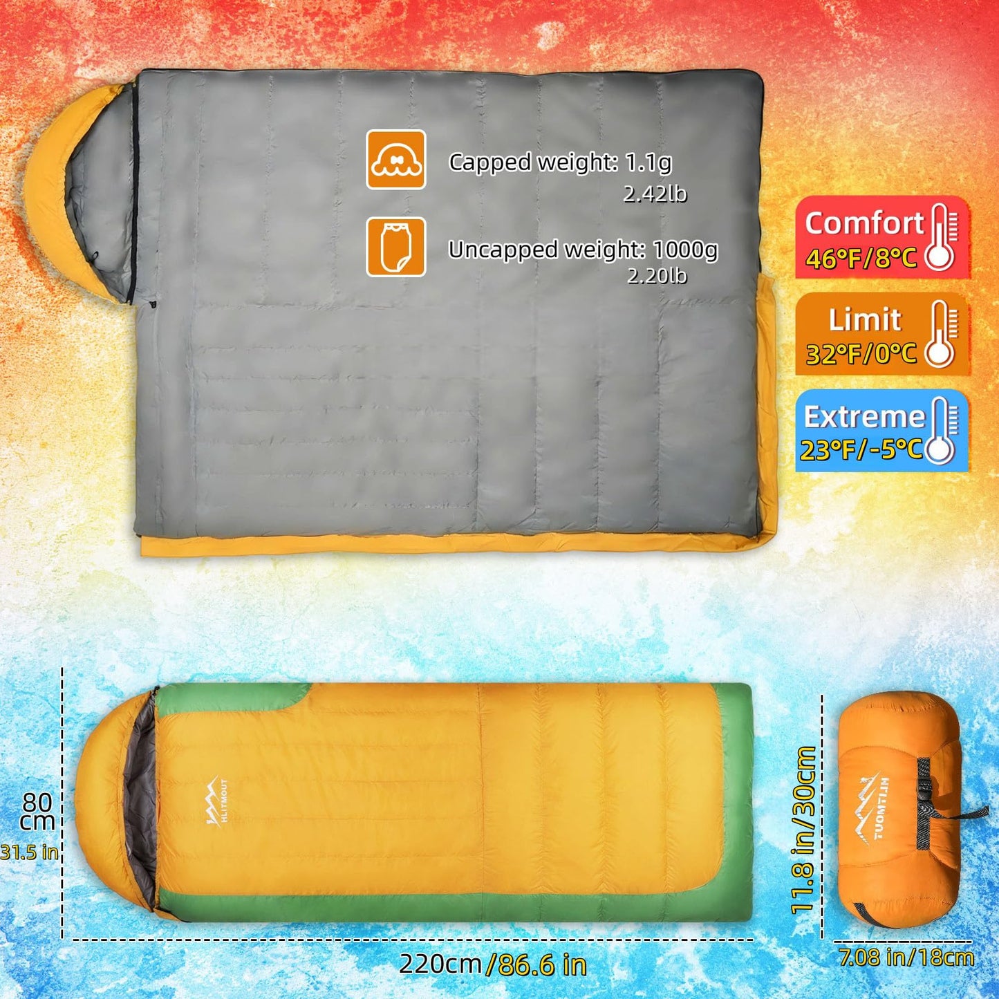HLITMOUT 3-in-1 Down Sleeping Bag,Rectangular Lightweight Blanket Sleeping Bag for Adults,Teens Camping Hiking and Backpacking Outdoor and Indoor