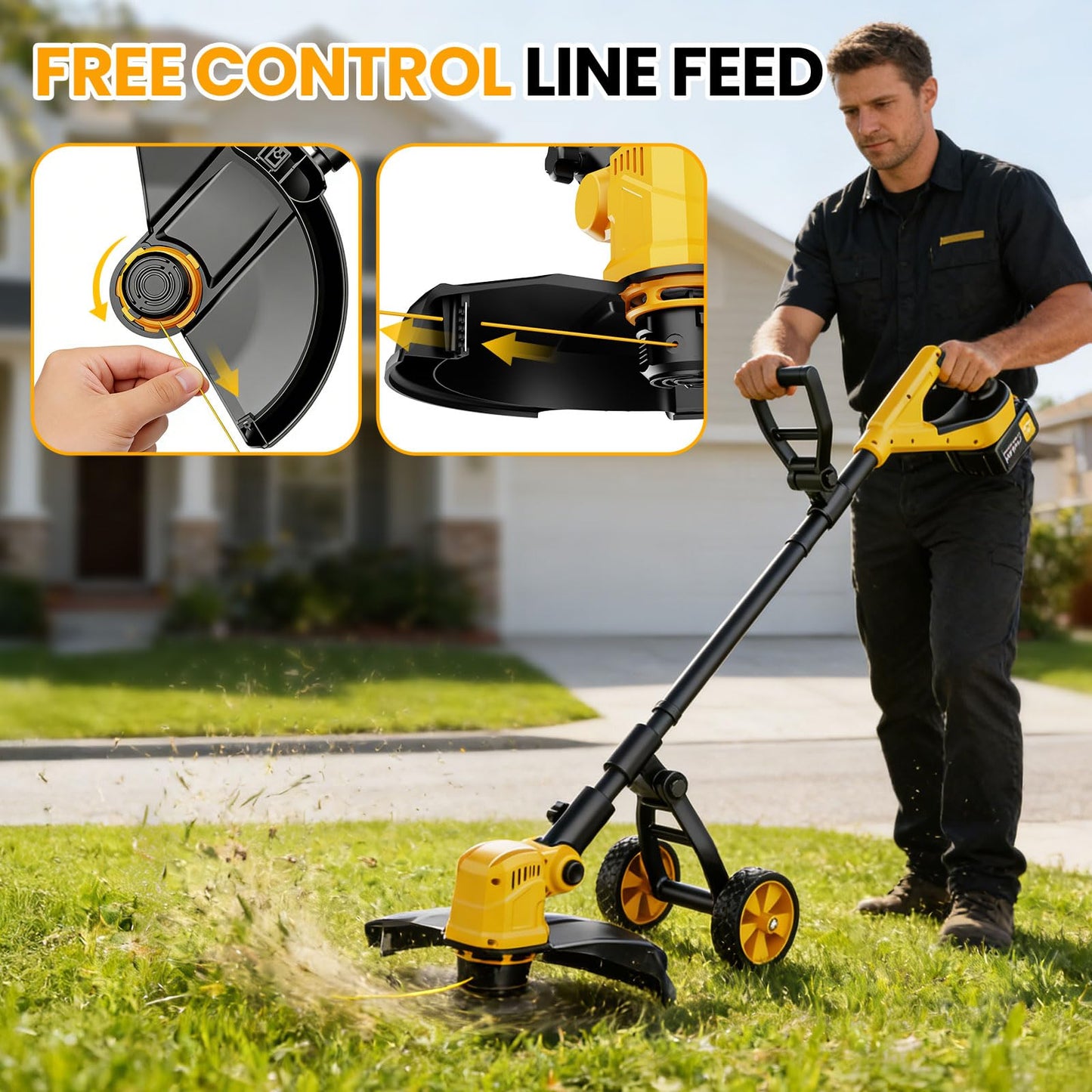 Cordless String Trimmer with Wheels, 14-Inch 2x3.0Ah 21V Battery Powered Weed Eater, Electric Lawn Mower Weed Wacker, Brush Cutter Grass Trimmer for Garden Yard