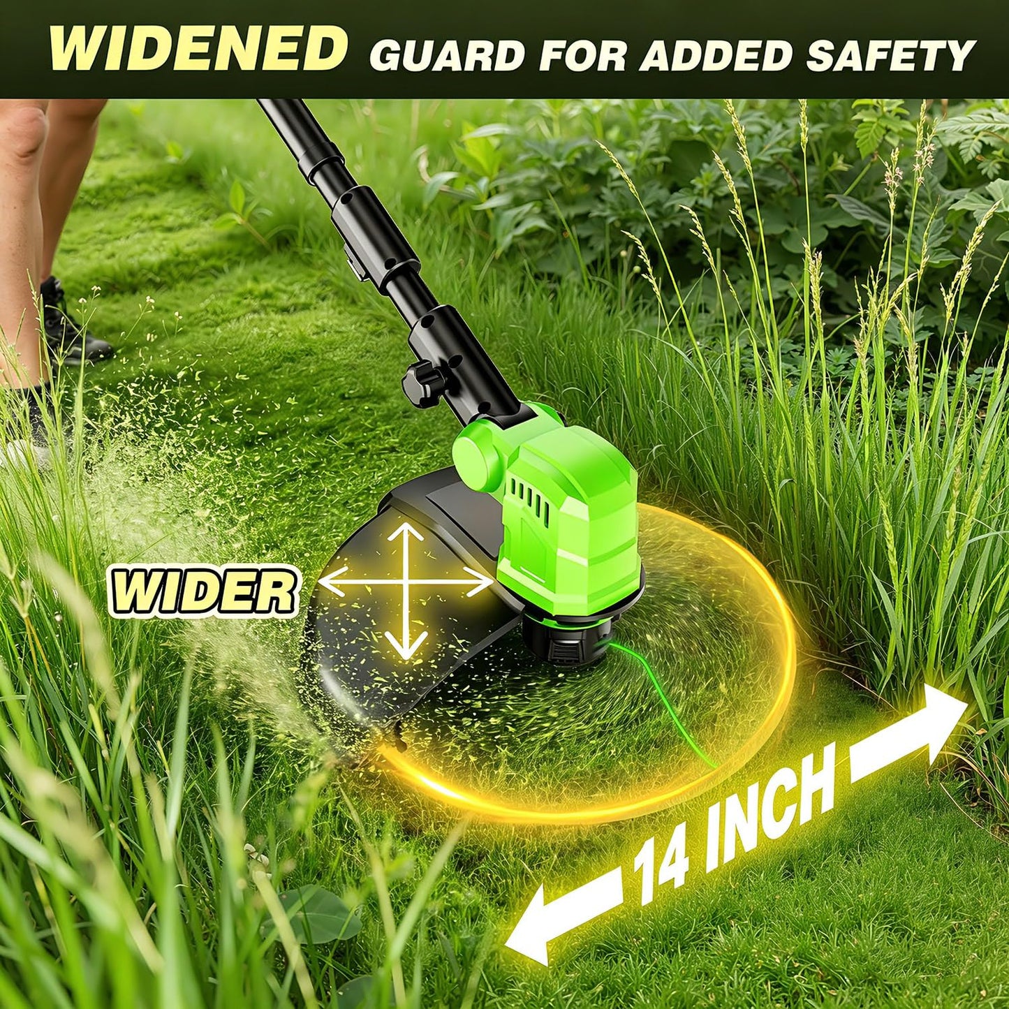 Amiluo 3 in 1 Cordless String Trimmer & Edger, 21V Battery Powered Weed Wacker with Wheels, 2 x 3.0Ah Batteries & 8 Spools, 14" Electric Weed Trimmer, Grass Trimmer for Garden, Lawn and Yard Care