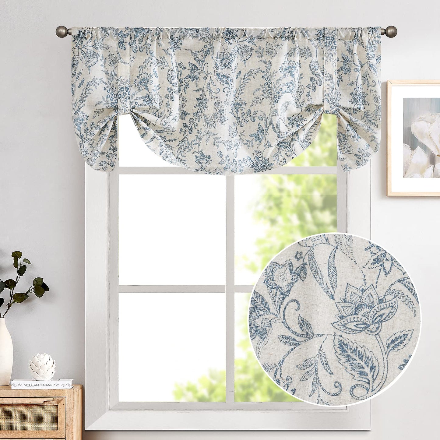 Lazzzy Kitchen Tie Up Valance Curtain Linen Floral Farmhouse Valance for Living Room Bathroom Bedroom Country Window Treatments Small Cafe Curtain 18 Inch Rod Pocket 1 Panel Blue on Beige