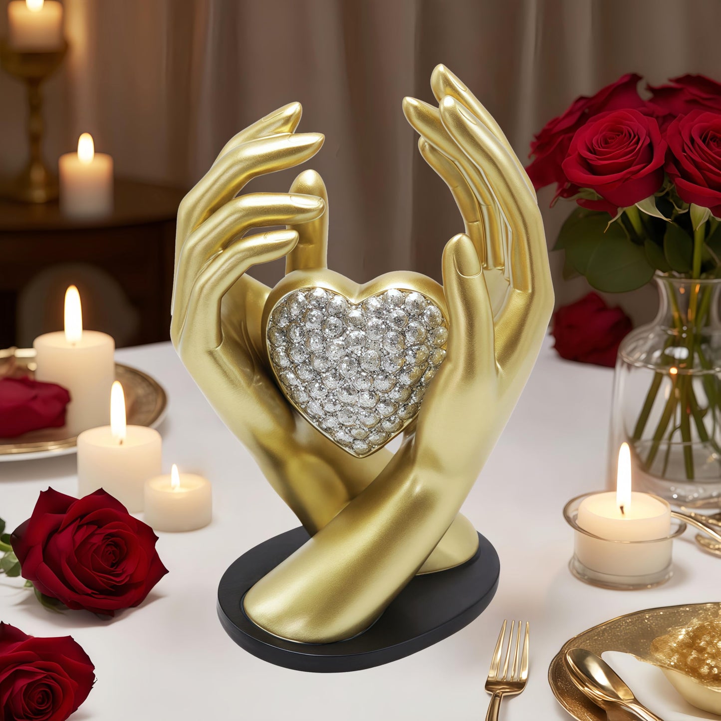 Spring Decorations Wedding Couple gifts,Table Statues Gold Home Decor Aesthetic Lover Figurine-Heart Hands Sculpture for Living Room Bedroom Shelf Office Decor,Anniversary Birthday Gifts for Women Men