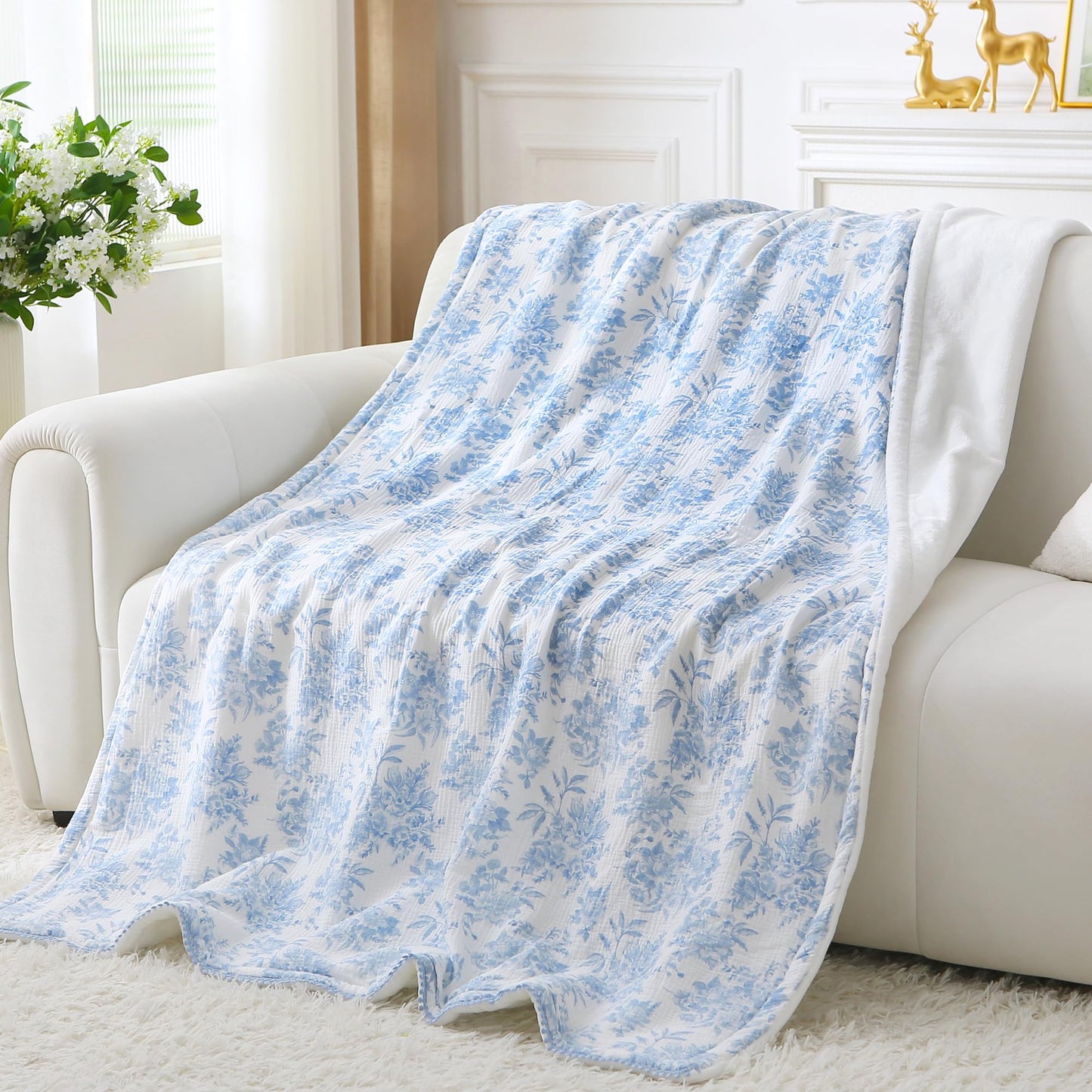 Viviland Fleece Throw Blanket Reversible Muslin Blankets, Soft Throw Blanket for Couch and Bed, Breathable Quilt Bedspread, Gauze Bedding for Adults, Large 50x70 inch, Blue Nerrah