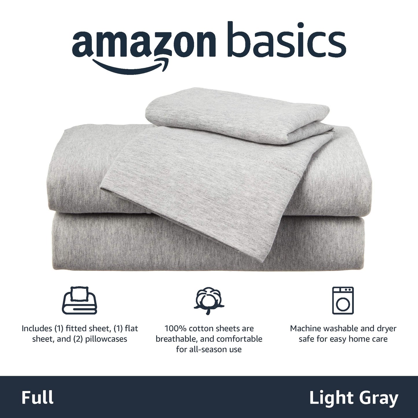 Amazon Basics 4 Piece Breathable 100% Cotton Jersey Knit Bed Sheet Set, Includes Flat and Fitted Sheets, Pillowcase, Stretchy, Full, Light Gray, Solid