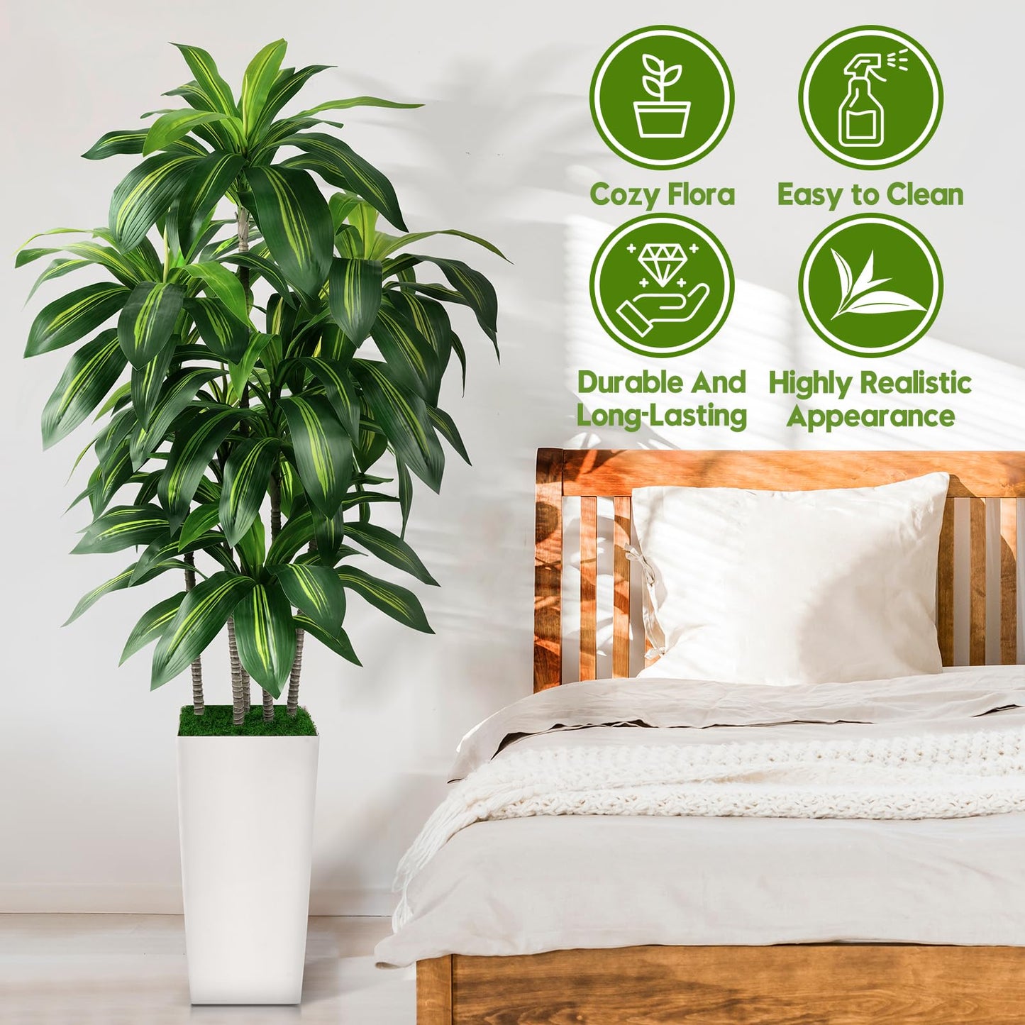 Artificial Dracaena Tree Indoor, 5FT Tall Fake Tree with White Tall Planter, Artificial Tree Fake Yucca Potted Tree for Home Office Living Room Decor, Tall Artificial Plant for Housewarming