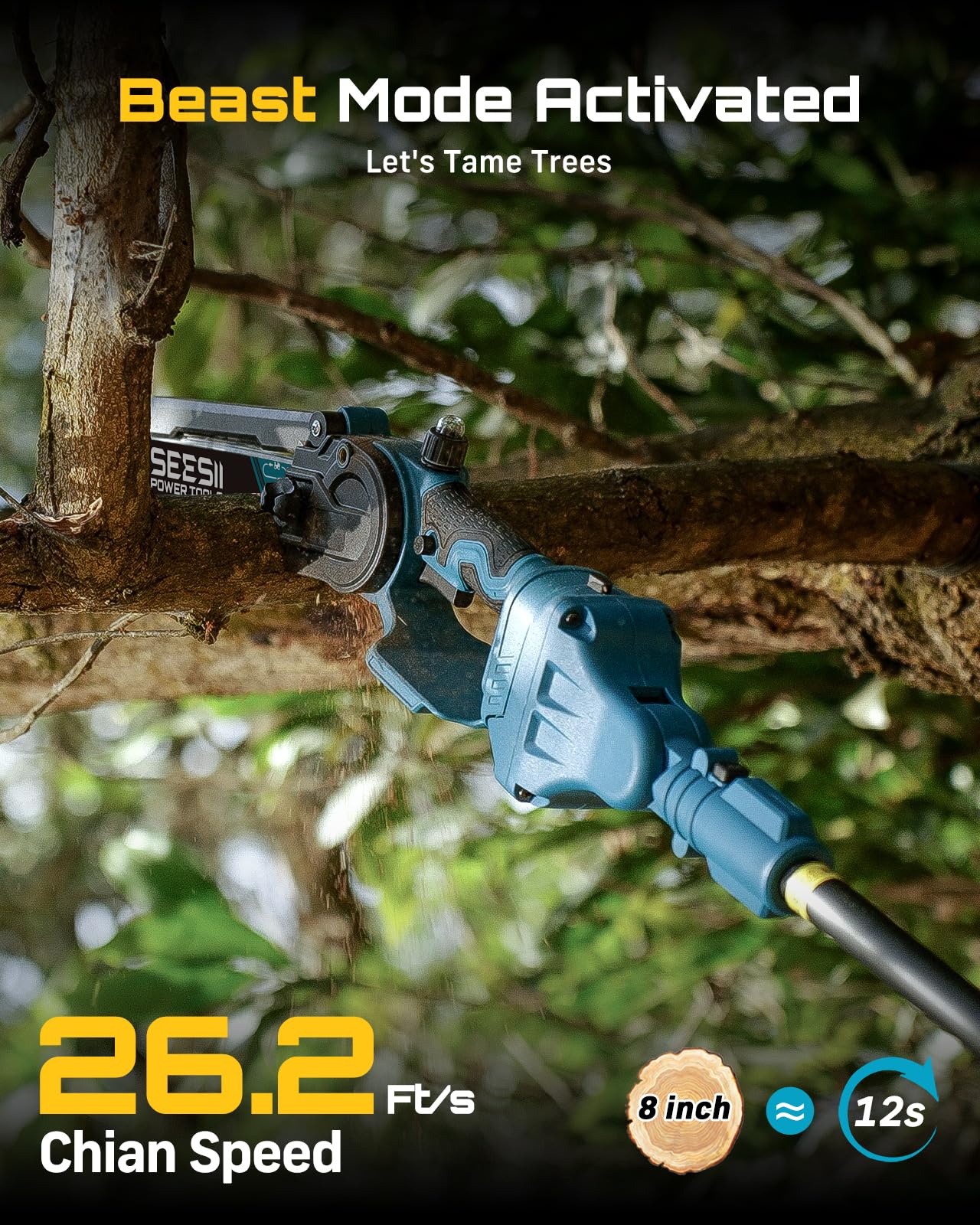 SEESII 2 in 1 Cordless 8 inch Pole Saw & Mini Chainsaw with 2 Battery, Power Electric Polesaw for Tree Trimming, Chain Saw with Extension Pole, Limb Branch Cutter Pruner P8 Ace