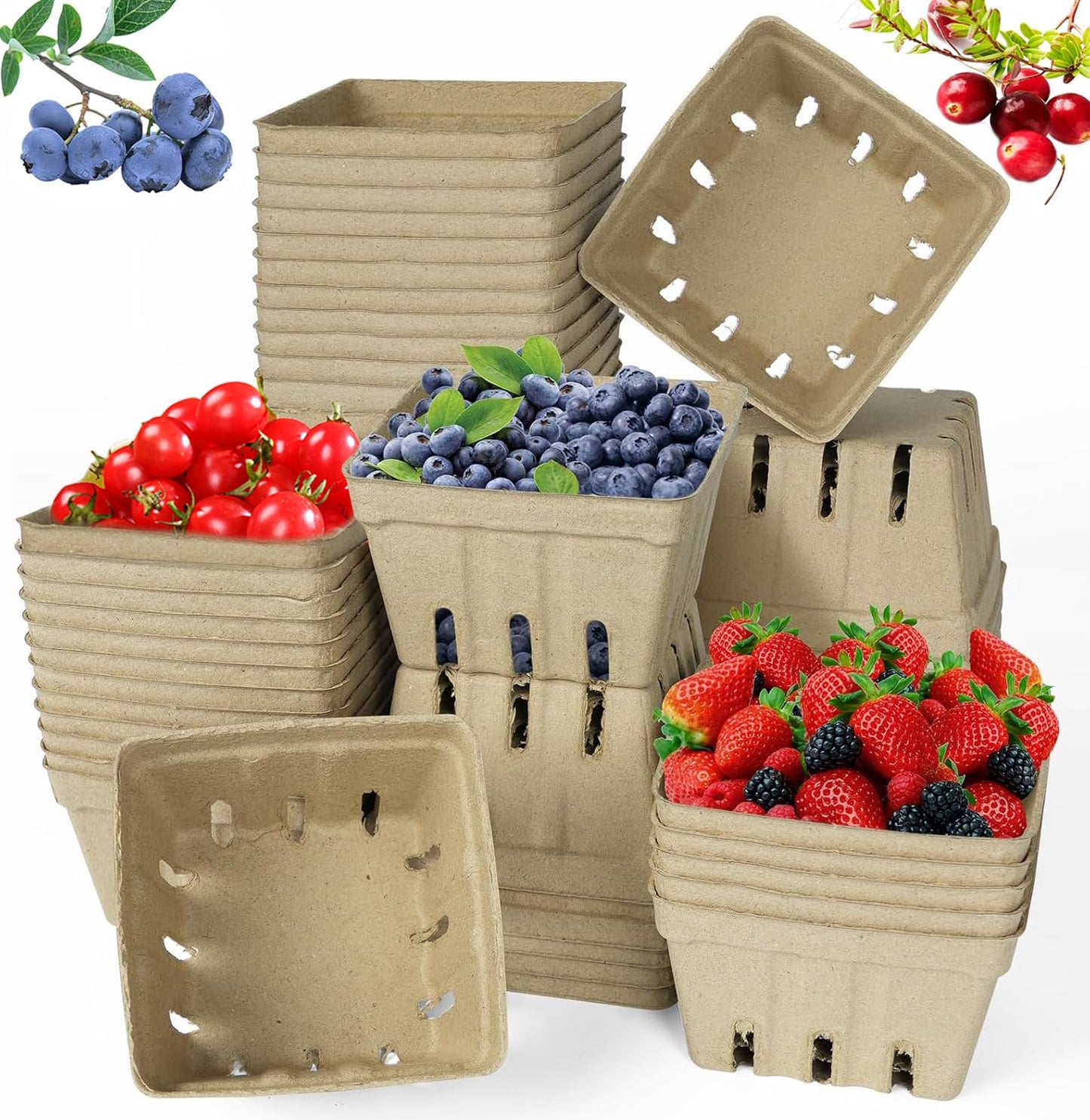 60 Pack Natural Pulp Fiber Berry Basket, Molded Produce Vented Kitchen Supplies for Strawberry Blueberry Raspberry, fruit baskets,berry containers,farmers market stand (Berry Basket (60 Pcs))