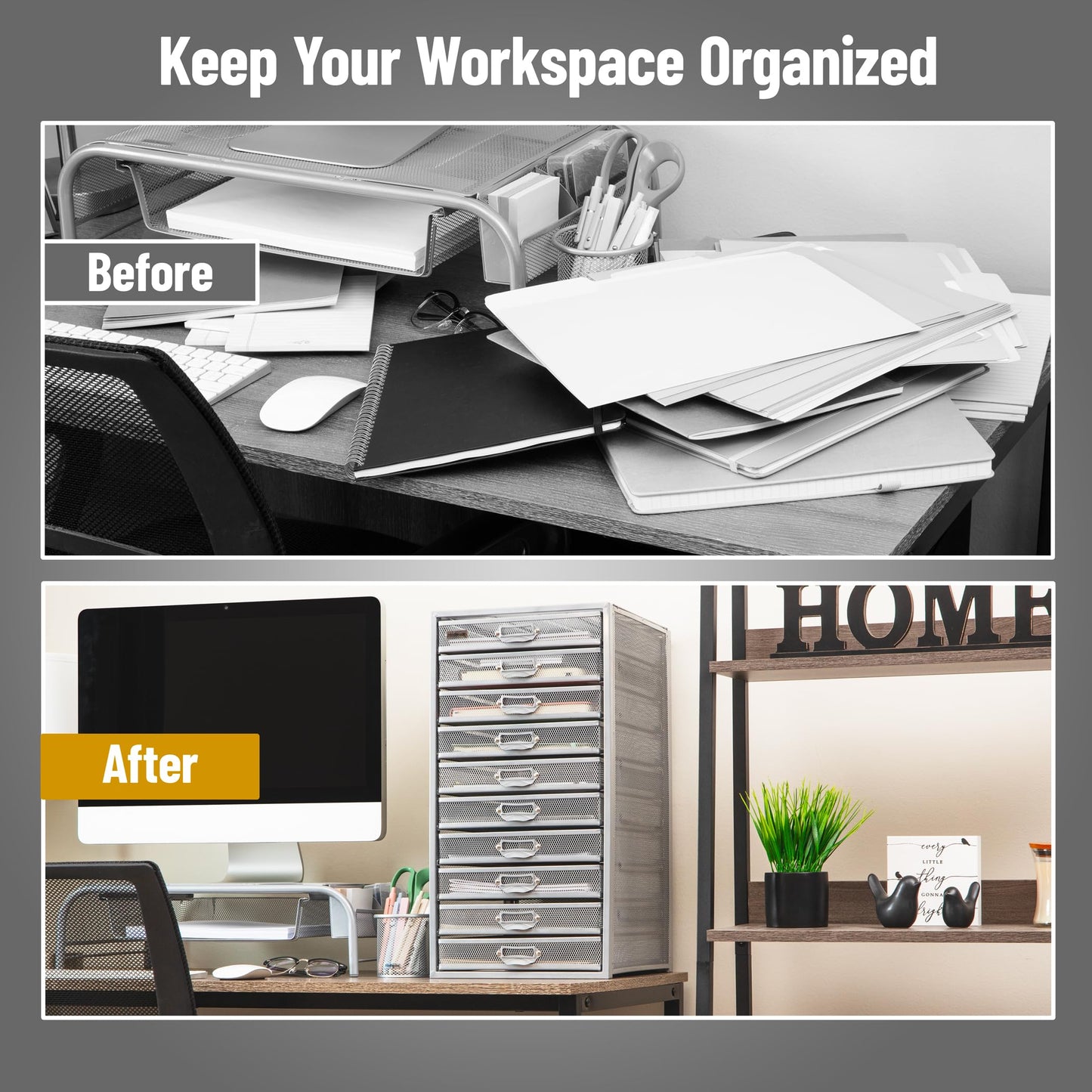 Mind Reader 10-Drawer Desk Organizer for Office Supplies, Crafts, Mail Sorting & More, Metal Mesh, 10.75"L x 14"W x 21.25"H, Silver