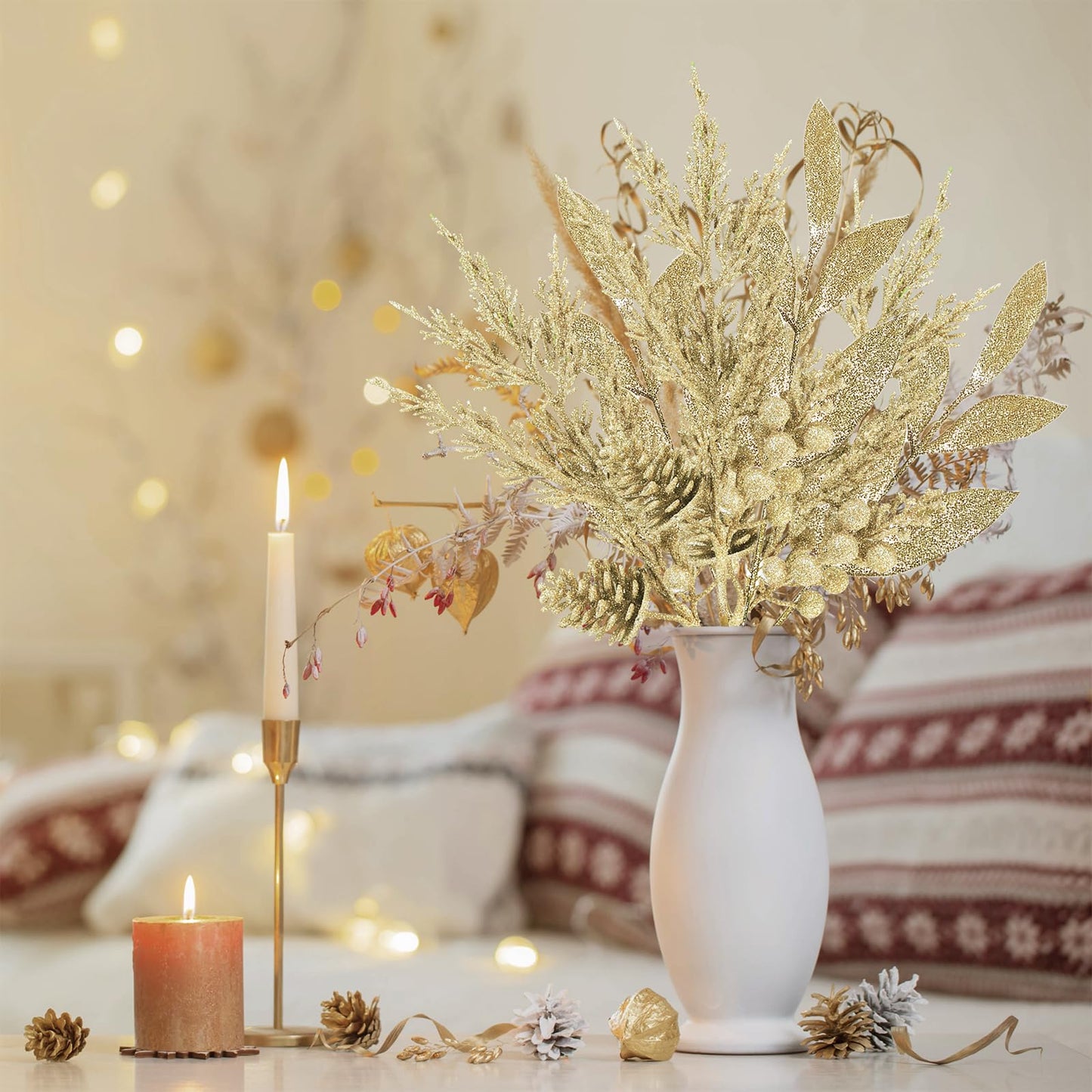 Winlyn 24 Pcs Christmas Glitter Artificial Leaf Picks Pine Needles Pinecone Berries Stems Champagne Glittered Christmas Tree Sprays for Holiday Floral Arrangements Centerpiece DIY Wreaths Garlands