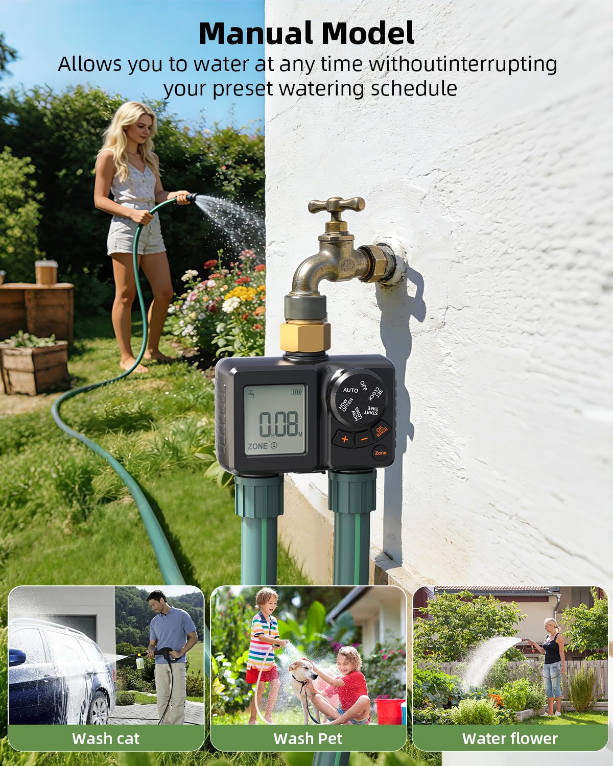 NTTYIECX Sprinkler Timer 2 Zone,Water Timer for Garden Hose with Lithium Battery ＆ Controller Brass Inlet, Delay/Manual/Automatic Watering Irrigation System for Yard, Lawn,Garden IPX6 Waterproof