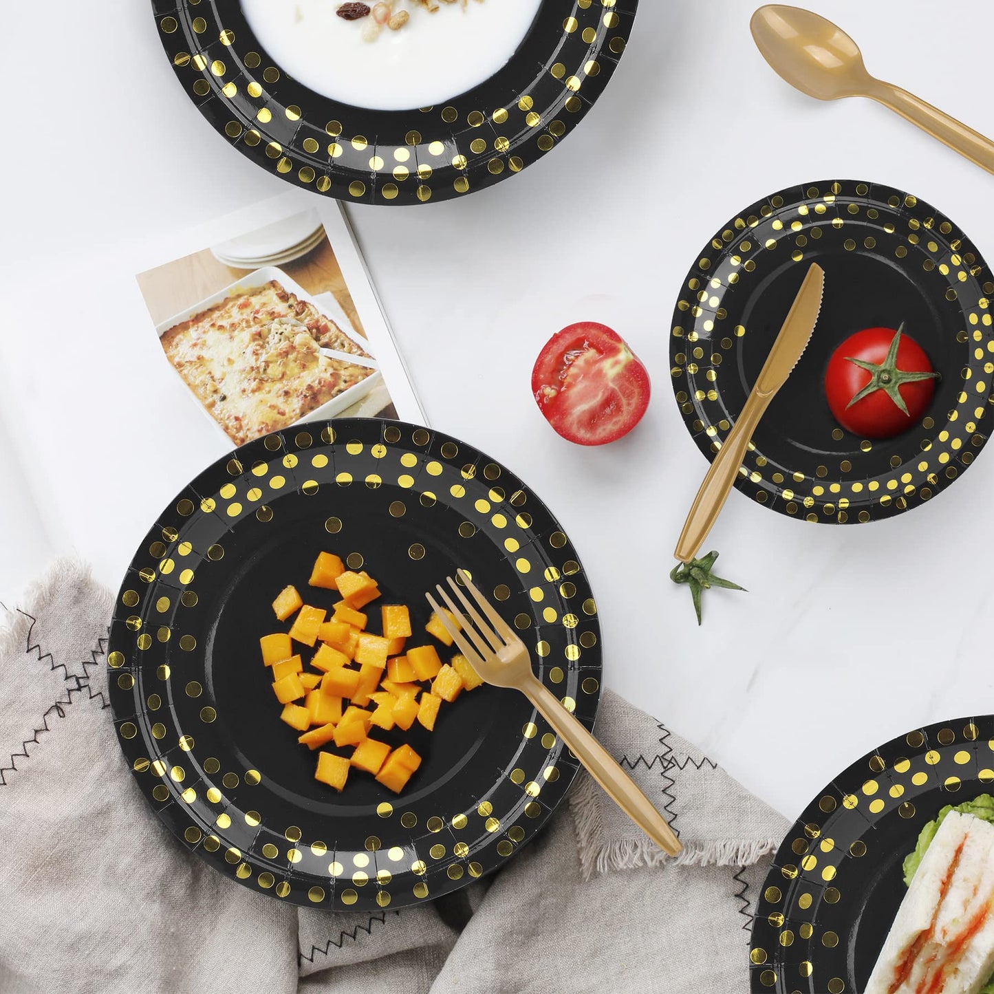 202pcs Eco-Friendly Disposable Black and Gold Paper Plates Supplies Bulk Dinnerware Decorations for Party Wedding Birthday Dinner Dessert (25 Guest)