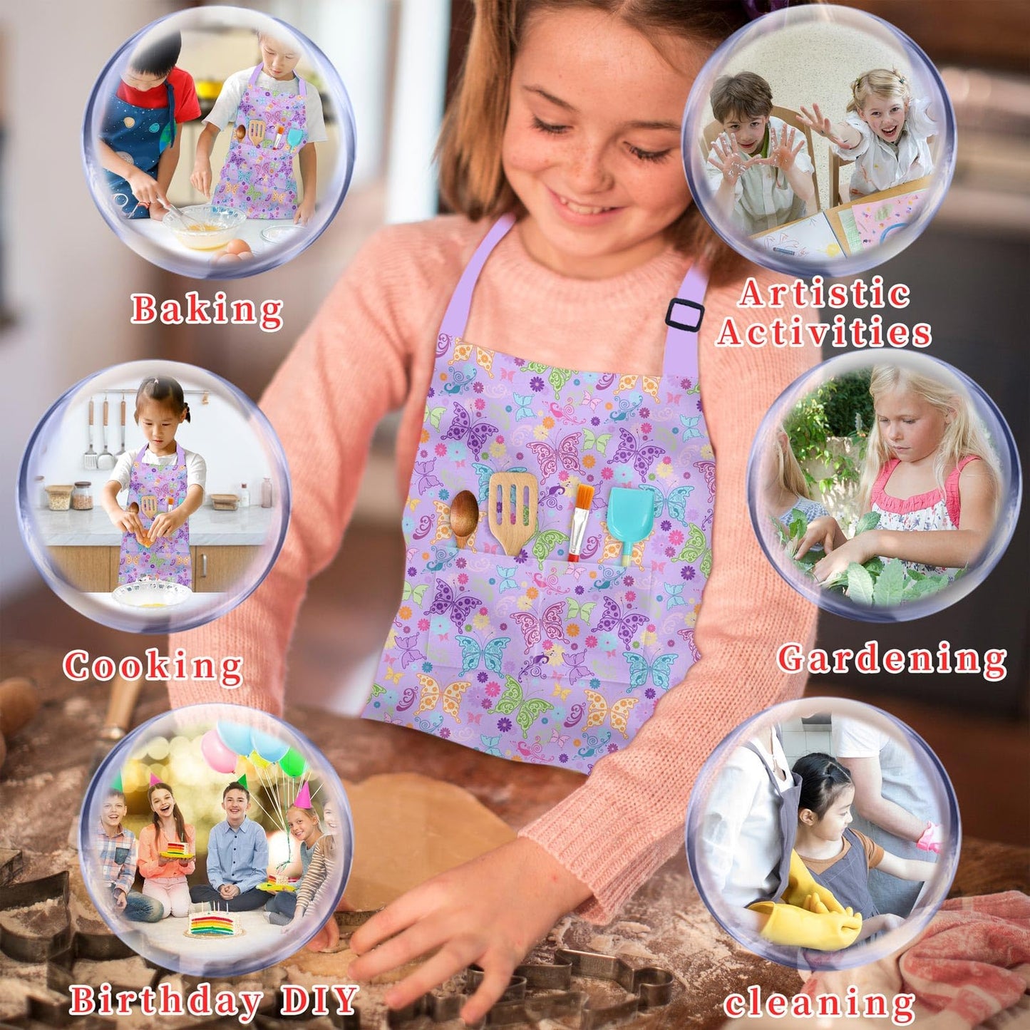 DEABOLAR Kids Aprons for Girls Toddler Aprons with Pockets for Kids Cooking Baking Painting Crafting Art Gardening Adjustable
