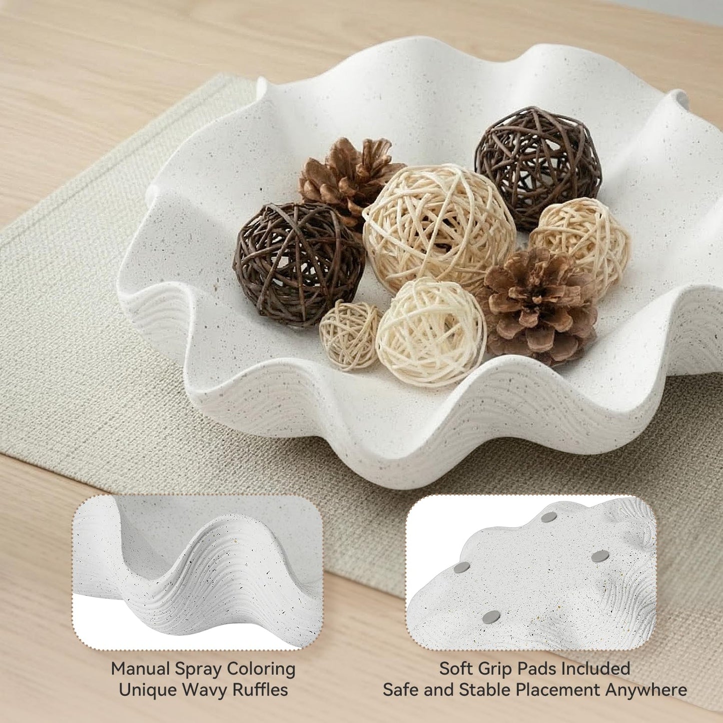 KEWOOL Scalloped Decorative Bowl Home Decor - 12.6" Modern Handicraft Large Shell Ruffle Decorative Fruit Bowl for Kitchen Counter, Chic Key Tray for Entryway Table, Artificial Stone White