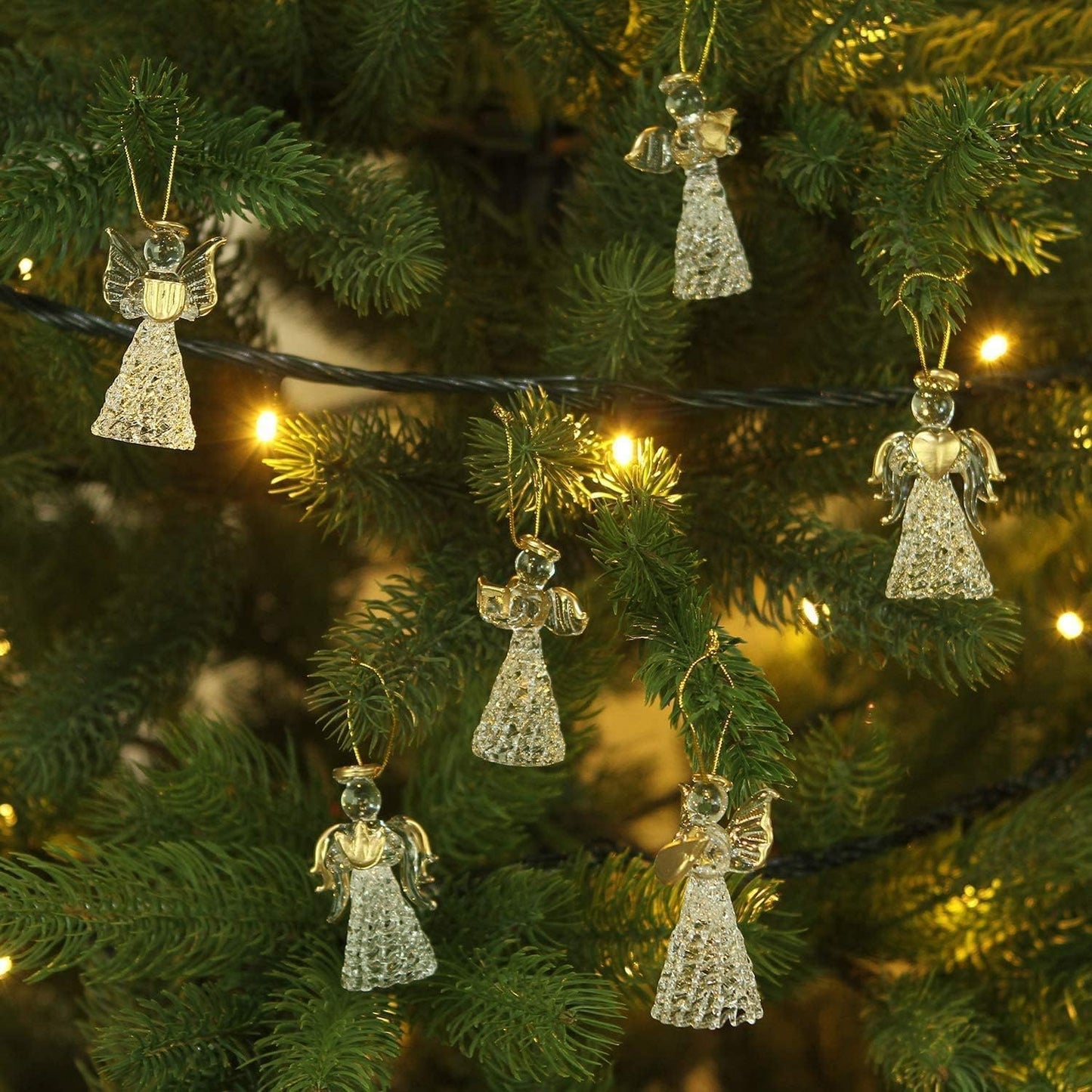 MAFAGE Christmas Angel Ornaments Set, 12 PCS Spun Glass Ornaments with Star/Heart/Praying Hands, Clear Angel Figurine Christmas Tree Pendants for Xmas Season Decor