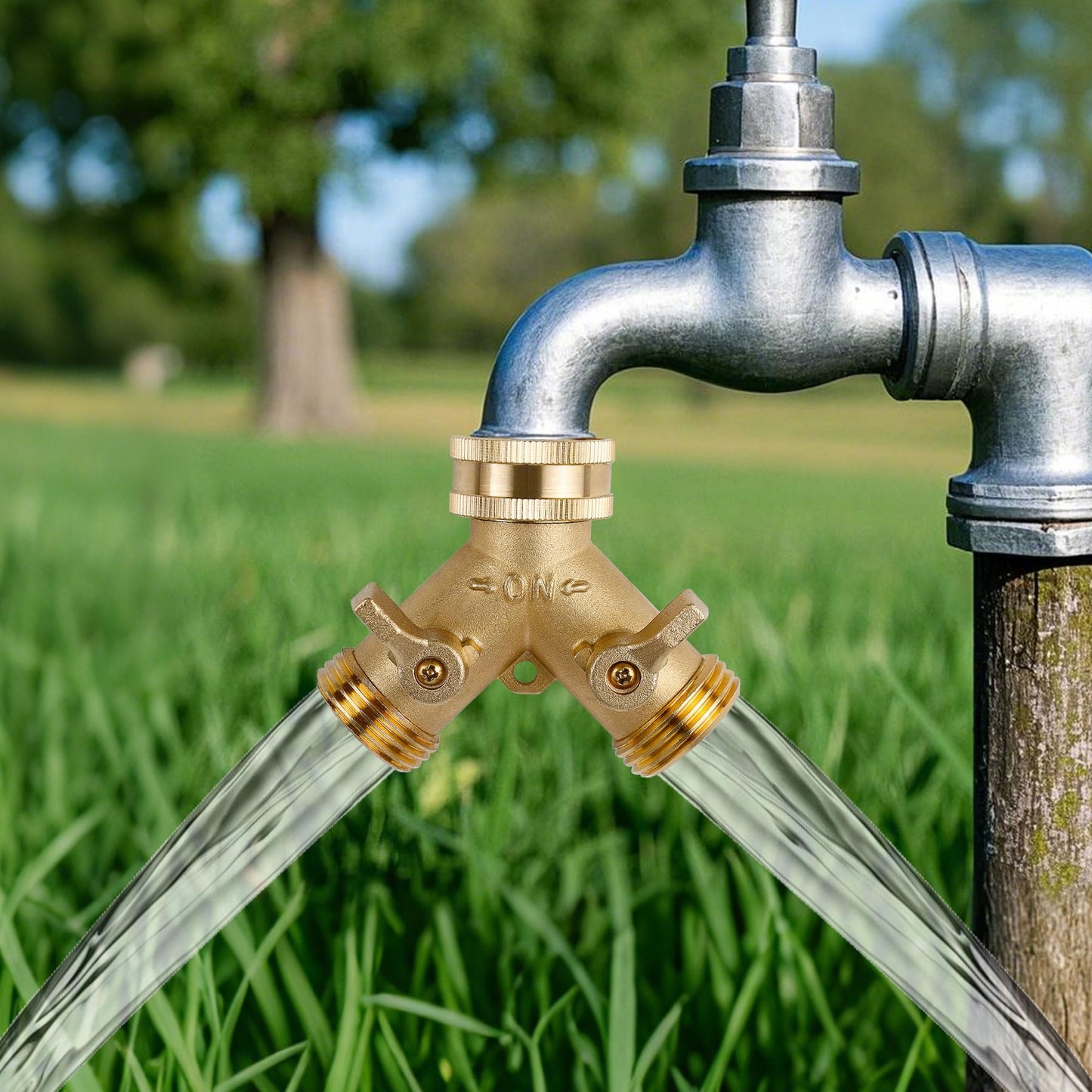 Triumpeek 2-Pack Brass Garden Hose Splitter, 3/4 Inch 2-Way Y Shaped Water Faucet Adapter with Dual Shut-Off Valves, Leak-Proof Design, Includes 4 O-Ring Washers & 1 Tape