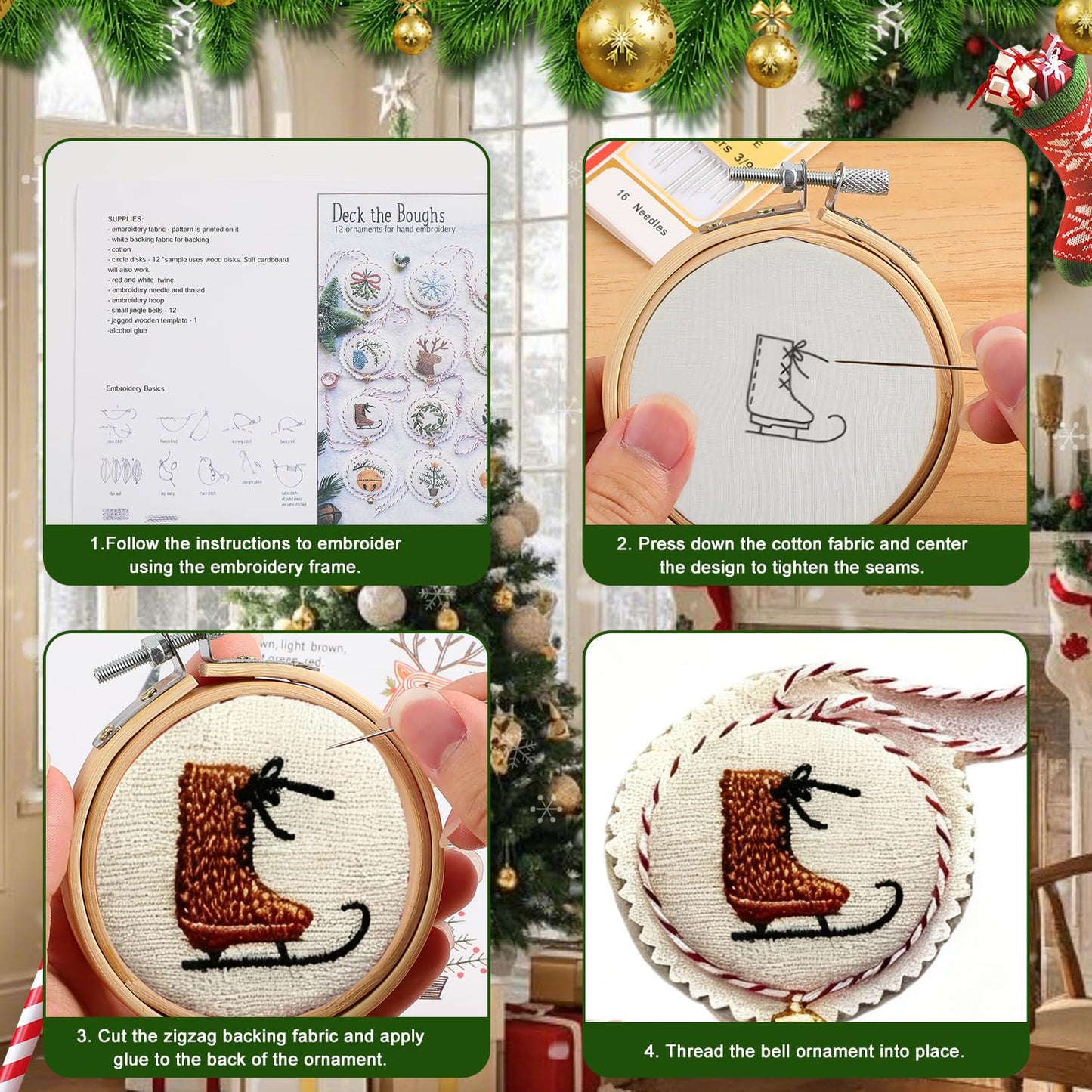 Zsdios Christmas Embroidery Kit,Embroidery Christmas Ornament Kits, Complete Needlepoint Starter Set, Hand Embroidery Ornament Kit for Beginners with Easy & Instructions (14 Pcs Red Set)