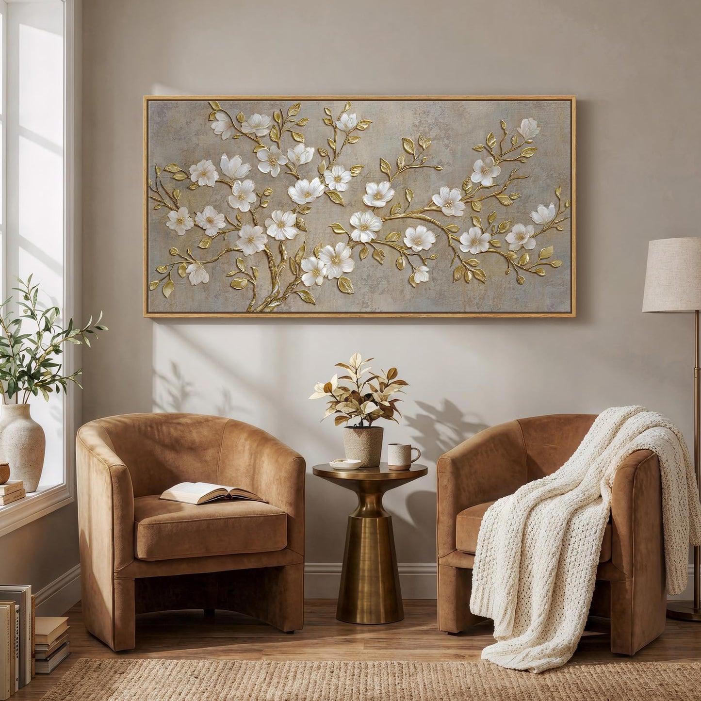 Large Framed Neutral Botanical Wall Art for Living Room, Rustic Elegant Magnolia Floral Canvas Prints Paintings, White Flower with Gold Branches Pictures for Dining Room Office Wall Decor, 60x30 Inch