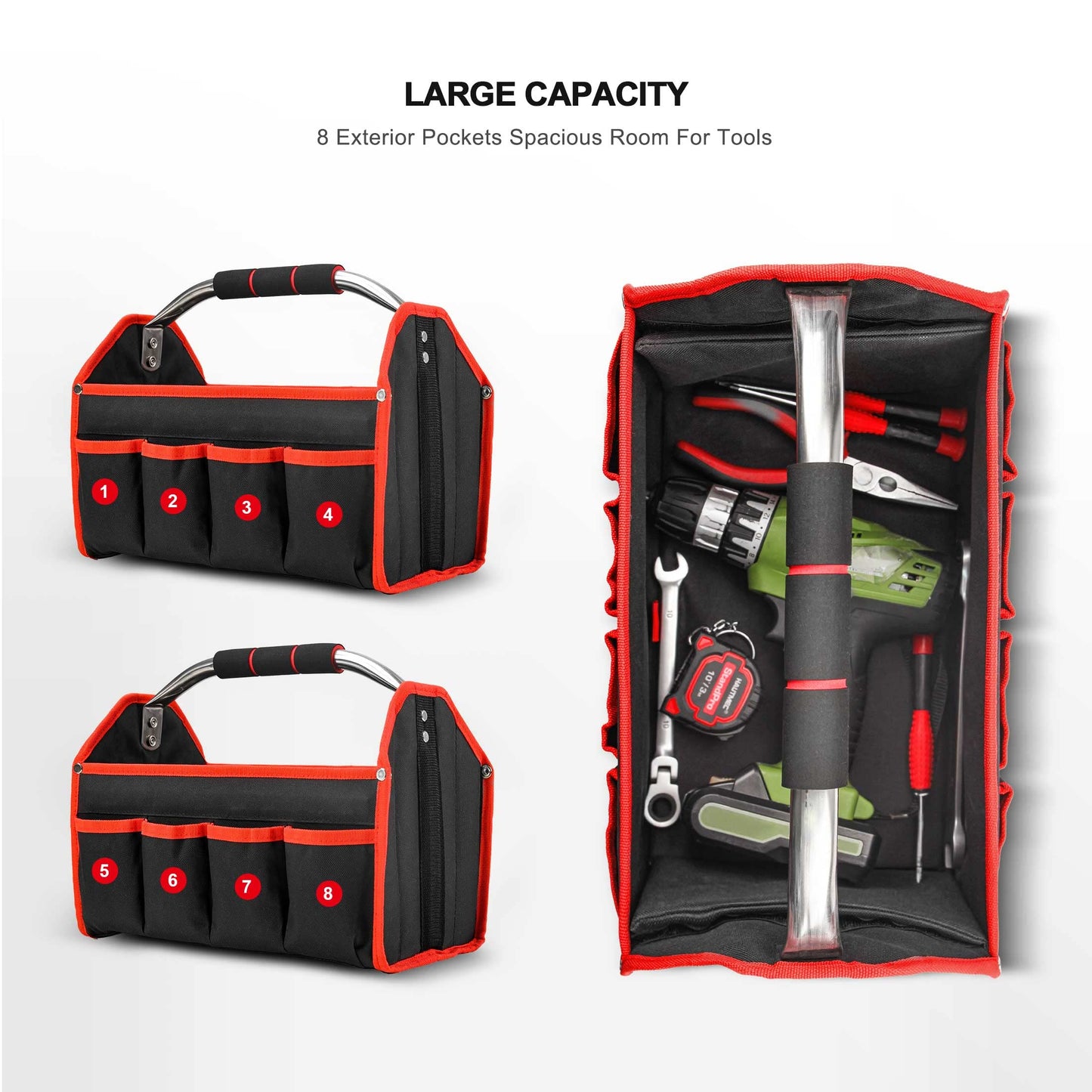 HAUTMEC 13 Inch Tool Bag, Foldable Open Top Tool Bag with Stiff Frame, Heavy-Duty Tool Tote with Padded Handle, Water-Resistant Base, Portable Tool Organizer for DIY & Jobsite Use – TB0001