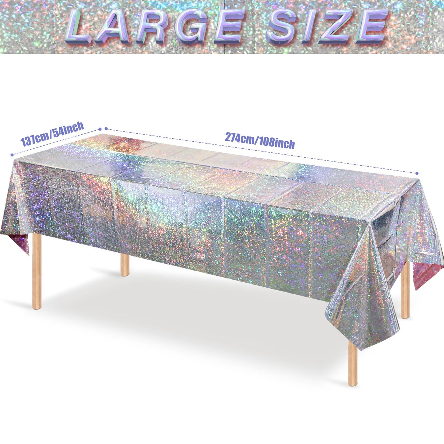 3 Pack New Iridescent Silver Tablecloth Party Decorations, Holographic Silver Glitter Plastic Tablecloth, Disposable Laser Rectangle Table Cover for Disco Birthday 70s Theme Party Decorations, 54x108"