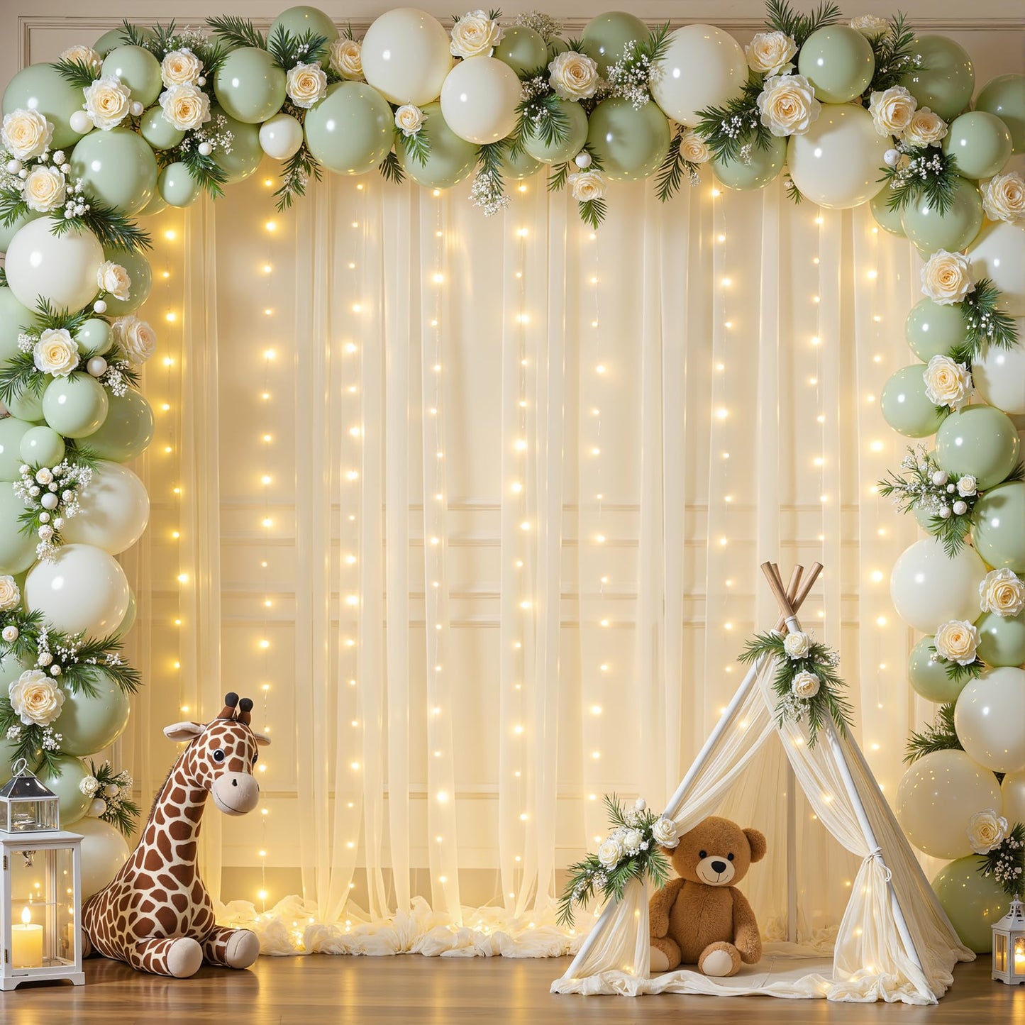 10x10ft Cream White Tulle Backdrop Curtains with Lights String for Parties,Wrinkle Free Sheer Curtain Wedding Photo Backdop Drapes for Baby Shower Birthday Party Photography Home Decorations