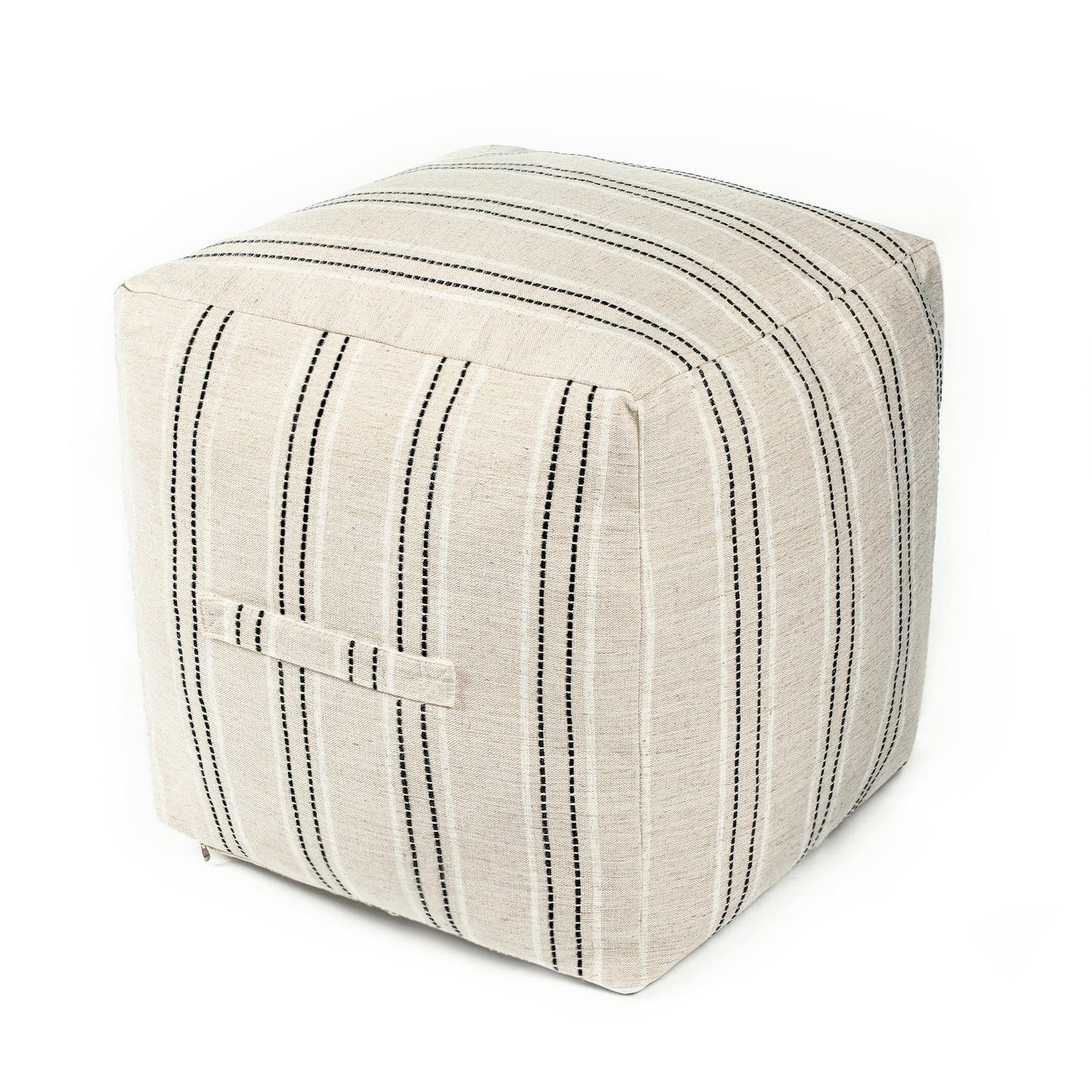 AELS Unstuffed Farmhouse Pouf Cover for Living Room, Boho Storage Bean Bag Cubes, Beige with Black Stitch Yarn Dyed Stripe Square Ottoman Pouf Foot Rest Footstool, 18"x18"x18", Cover ONLY