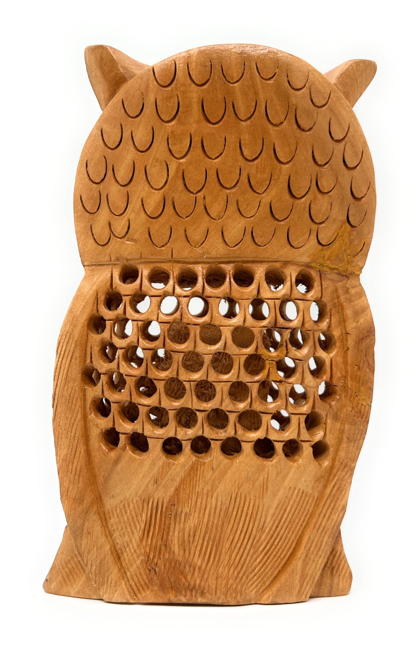 South Asian Handicrafts Handmade Cedar Wood Undercut Owl, Aromatic Natural Carving, Artisanal Family Decor & Unique Gift, Decorative Jali Cutwork Design (Owl)