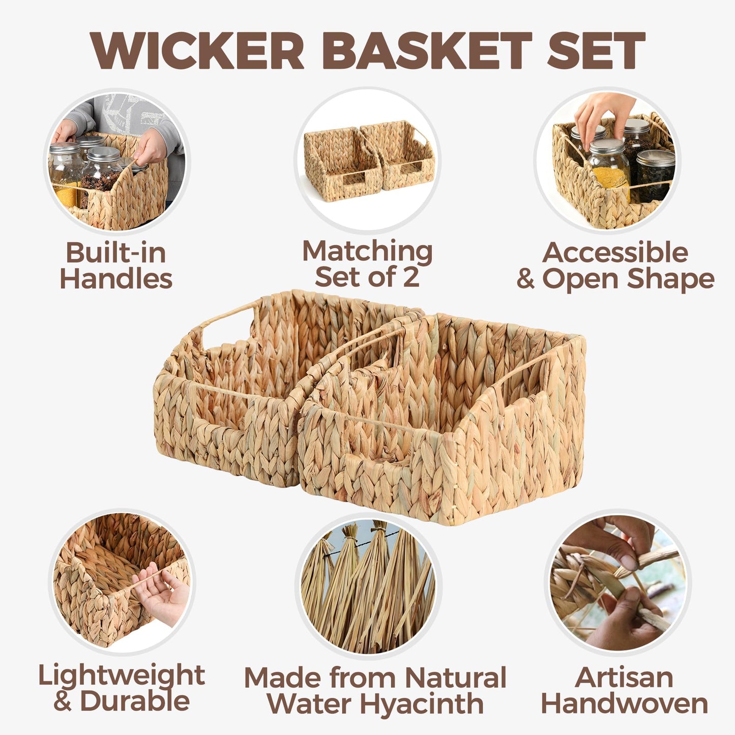 2-Pack Wicker Basket Set - Water Hyacinth Pantry Organizers and Storage w/Handles, For Home, Bedroom, Kitchen, & More - 100% Earth Friendly Woven Rattan, Simple Open Shape Decorative Baskets