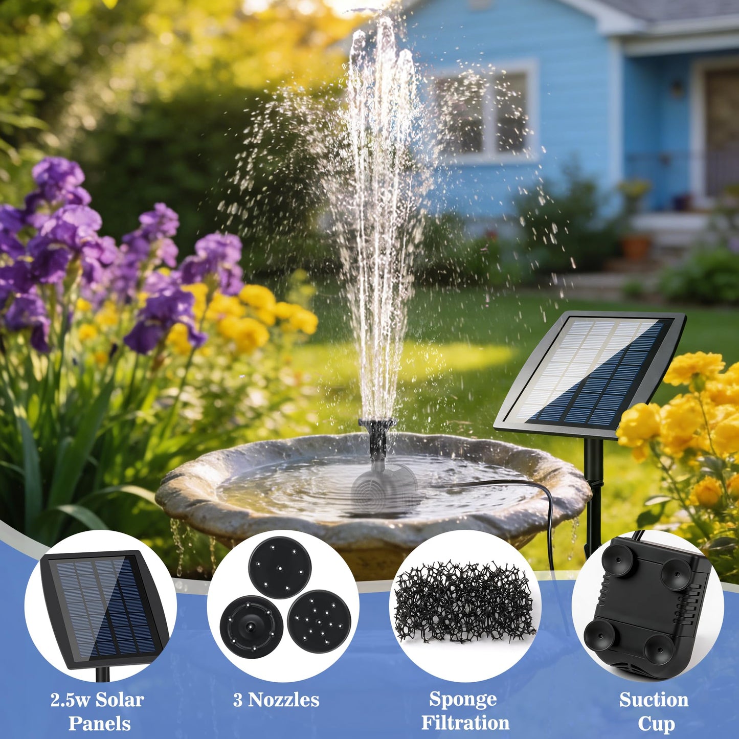 FYDGTPI 2.5W Solar Water Pump with 3 Spray Nozzles, 3.94FT Tubing, 9.85FT Power Cable, DIY Solar Water Fountain for Garden, Yard, Water Feature