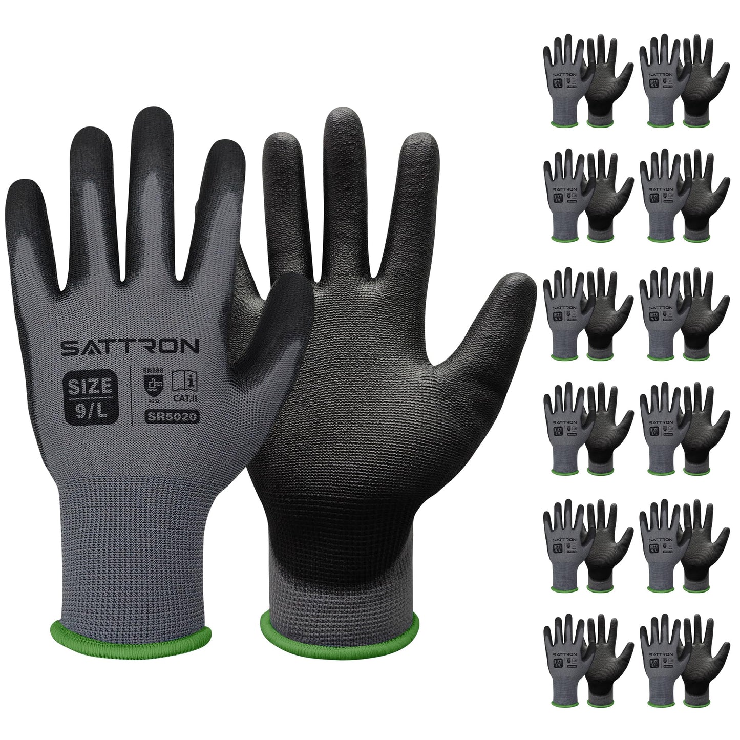SATTRON Safety Work Gloves PU Coated, 12 Pairs, Seamless Knit Gloves with Polyurethane Coating Working Gloves Excellent Grip for Men & Women Ideal for General Duty Work (Grey, Large)