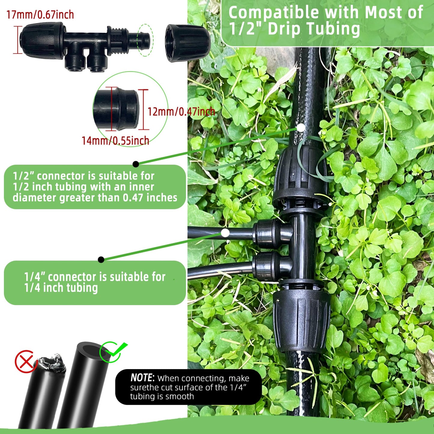 6 Pack 1/2'' to 1/4'' Drip Irrigation Fittings, Push-to-Connect 4 Way Drip Irrigation Part Barbed Tee Connectors, Anti-Leak Locked Splitter Fitting for 1/2" Irrigation Tubing (0.6''-0.67''OD)