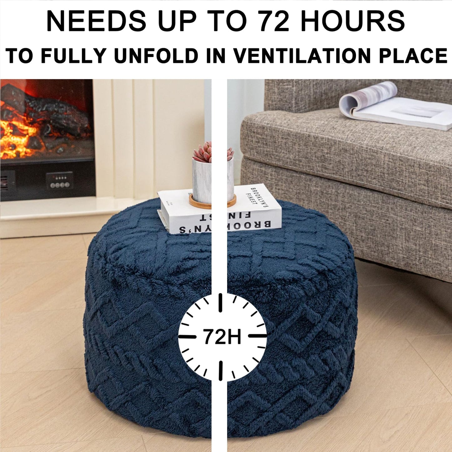 Poofieotto Round Pouf Ottoman Stuffed 20x12 Inches Floor Pouf Chair for Living Room Bedroom Modern Foam Pouf Ottoman Foot Rest for Couch Home Decor Pouffe Dark Blue