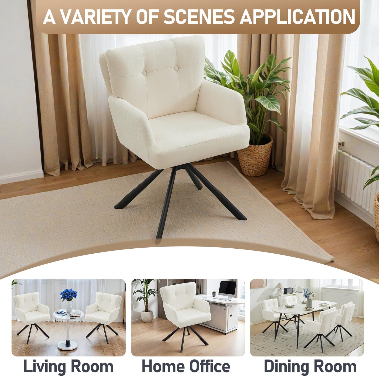 WUTUTUEE Fabric Dining Chair Modern Upholstered Swivel Dining Room Chairs Comfy Accent Armchair with Mid Back, Desk Arm Chair No Wheels for Kitchen/Living Room/Home Office, White