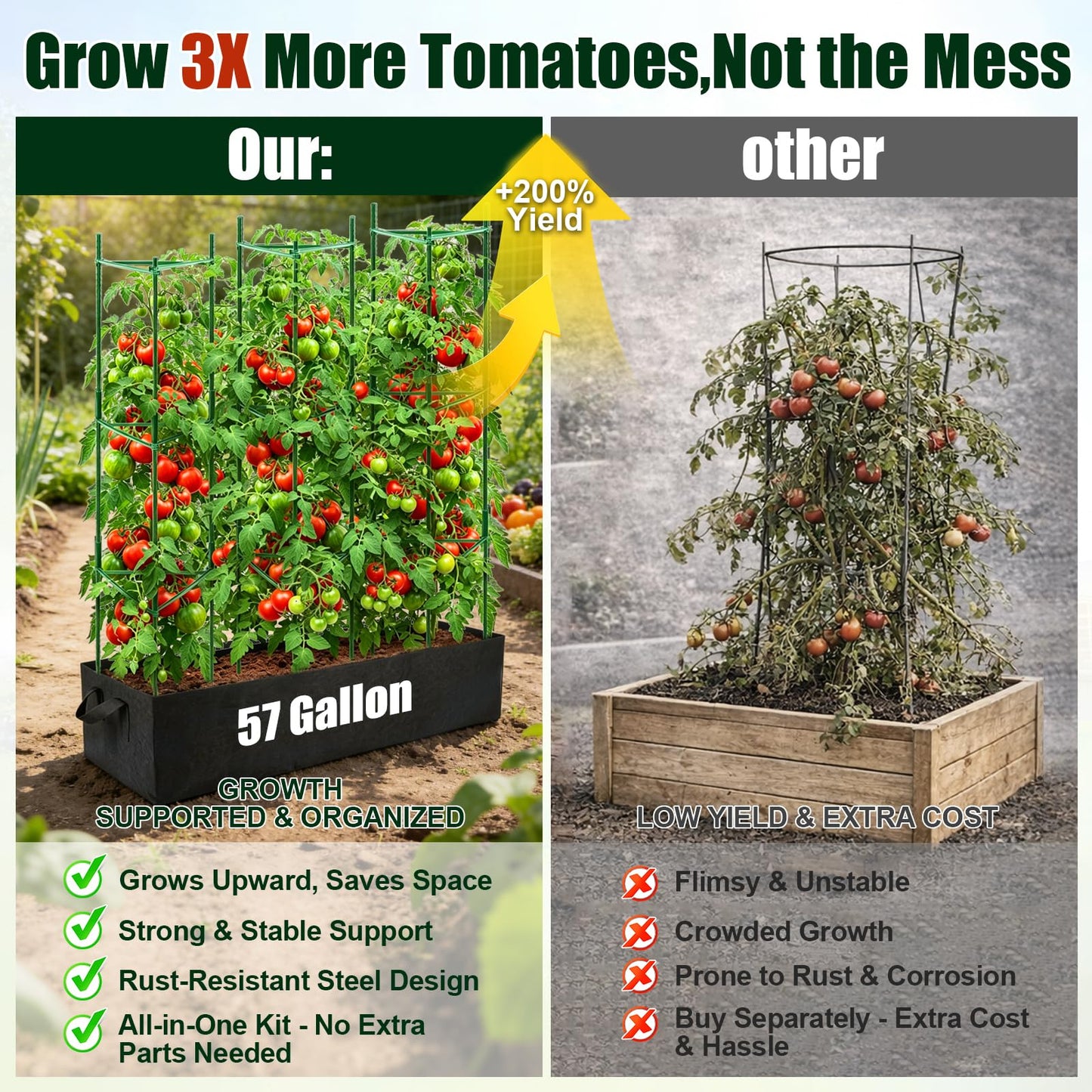 BobbleT 3 Pack Heavy Duty Tomato Cages with 57 Gallon Grow Bag, 48" Adjustable Tomato Trellis for Raised Garden Bed, Sturdy Triangle Plant Support for Climbing Vegetables, Cucumbers & Garden Plants