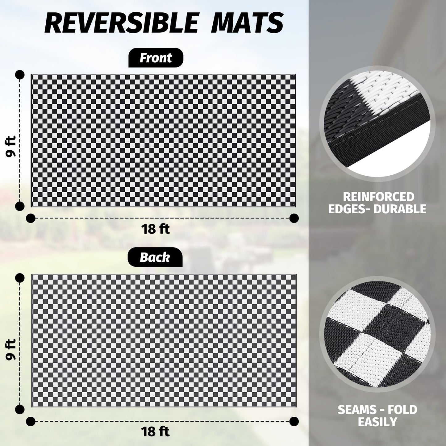 GOTGELIF Black and White Classic Checkerboard Outdoor Area Rug 9x18FT, Reversible & Water-Resistance & Portable Plastic Straw Rug for RV Trips, Picnic, Camping, Outdoor, Garden, Patio