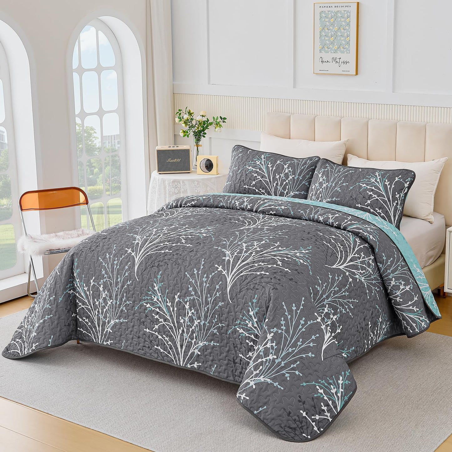 DJY Full Size Quilt Set Grey Blue Reversible Bedspread Coverlet Set 3 Piece, Branch Floral Lightweight Microfiber Botanical Quilted Bedding Set with Pillowcases for All Season (78''x90'')