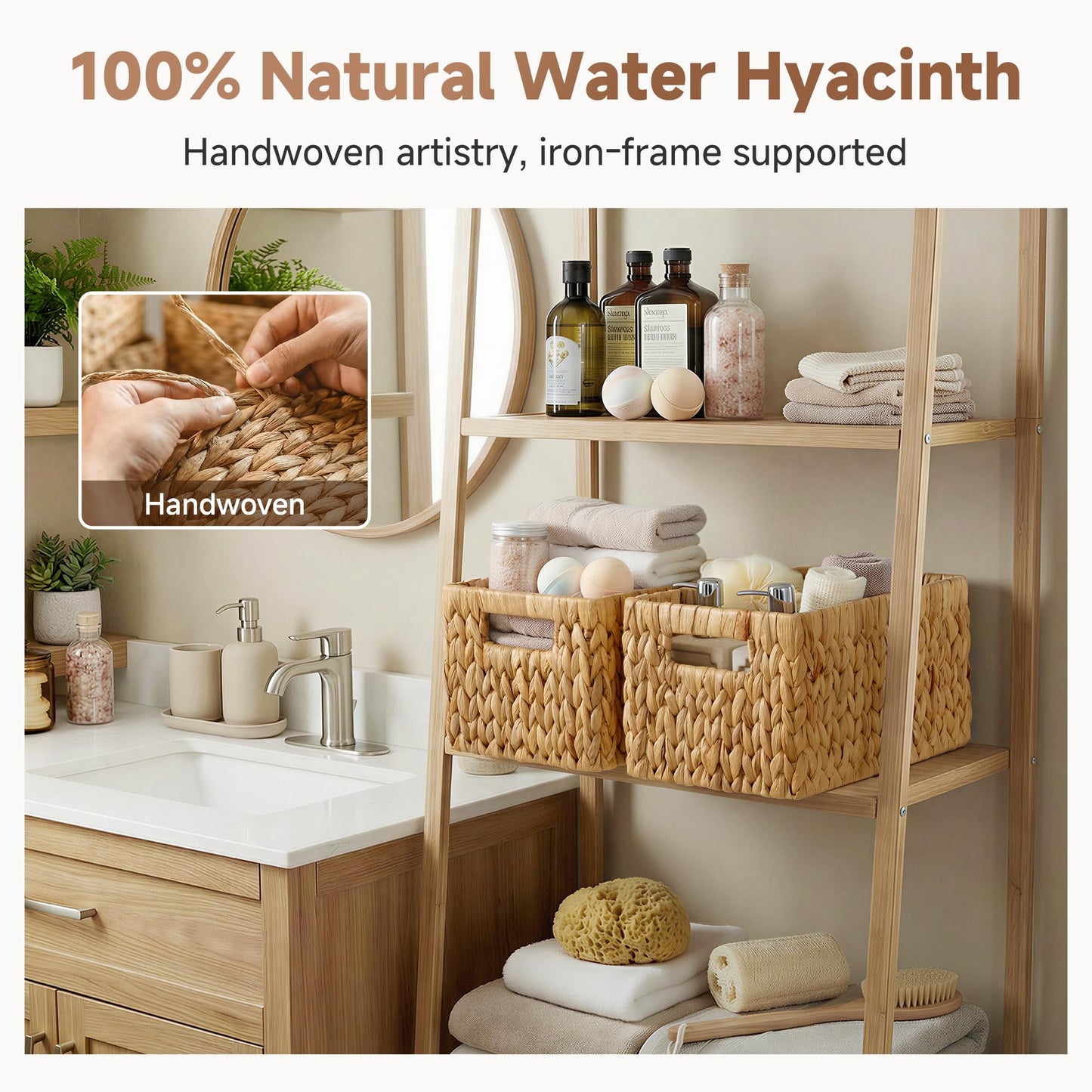 StorageWorks Wicker Basket, Baskets for Organizing, Storage Basket with Built-in Handles, Water Hyacinth Shelves (Medium 2-Pack, Natural Hyacinth)