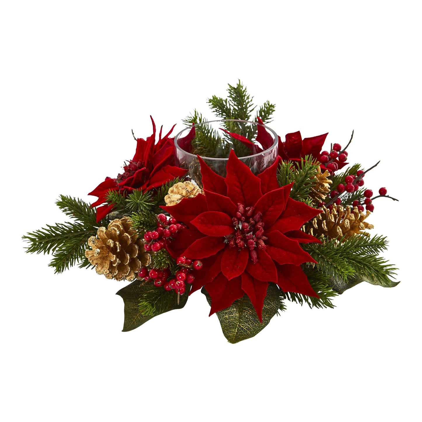 Nearly Natural Poinsettia, Berry and Golden Pine Cone Candelabrum Artificial Silk Arrangements Red 6"D x 14"W x 14"H