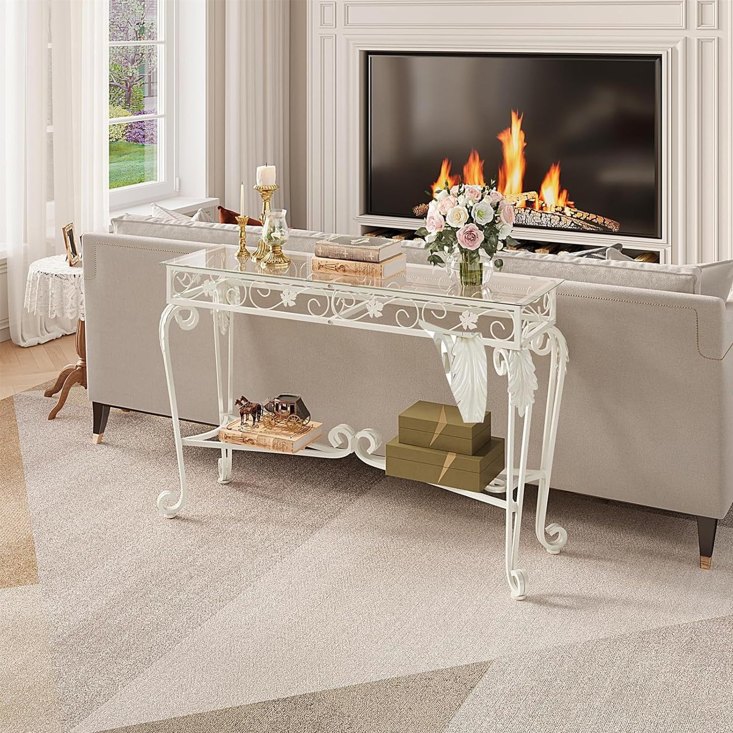 HavenlyYouth Console Table 47.2", Tempered Glass Sofa Table with Metal Frame, Console Tables for Living Room, Entryway, Hallway, Foyer, Adjustable Feet (White)