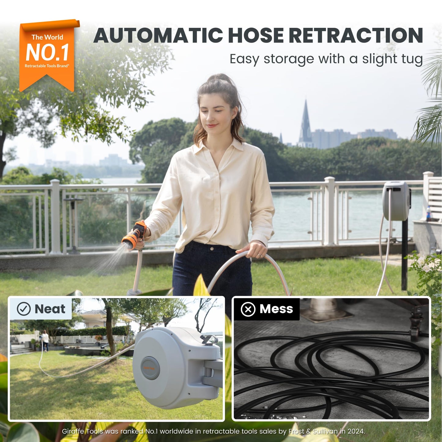 Giraffe Tools CW20 Retractable Garden Hose Reel 5/8" x 60 ft Heavy Duty Water Hose Reel, Swivel Bracket, Any Length Lock, Light Grey