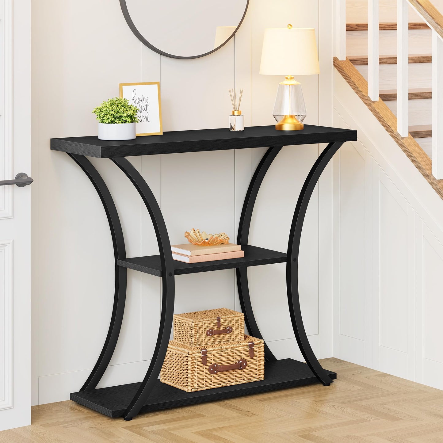 Hoctieon 3 Tier Console Table with Open Wood Shelves, Decorative Entryway Table with Curved Metal Frames, Narrow Sofa Table for Entrance, Living Room, Hallway, Black